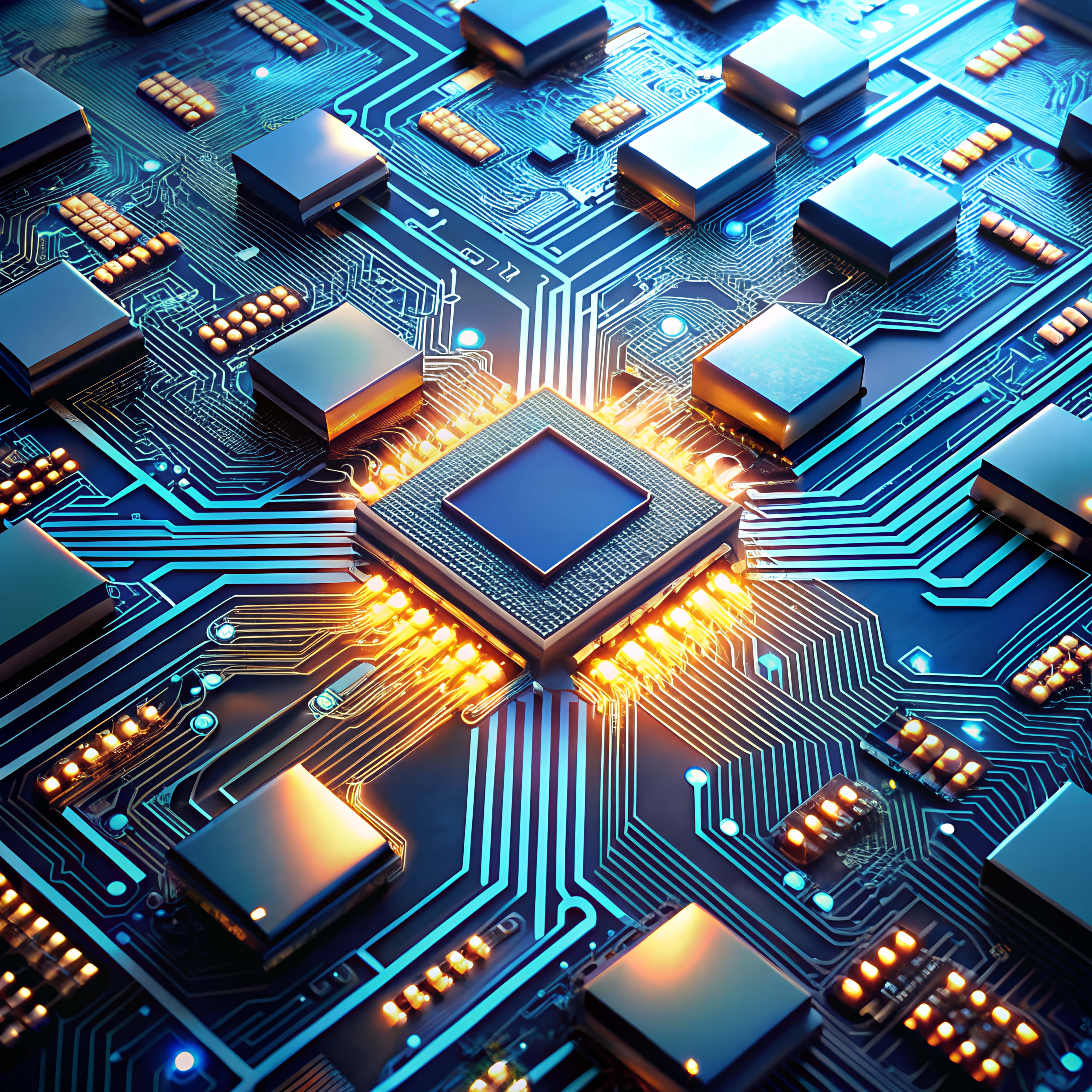 microchip, glowing blue circuit board, central processor, 4K Desktop Wallpaper