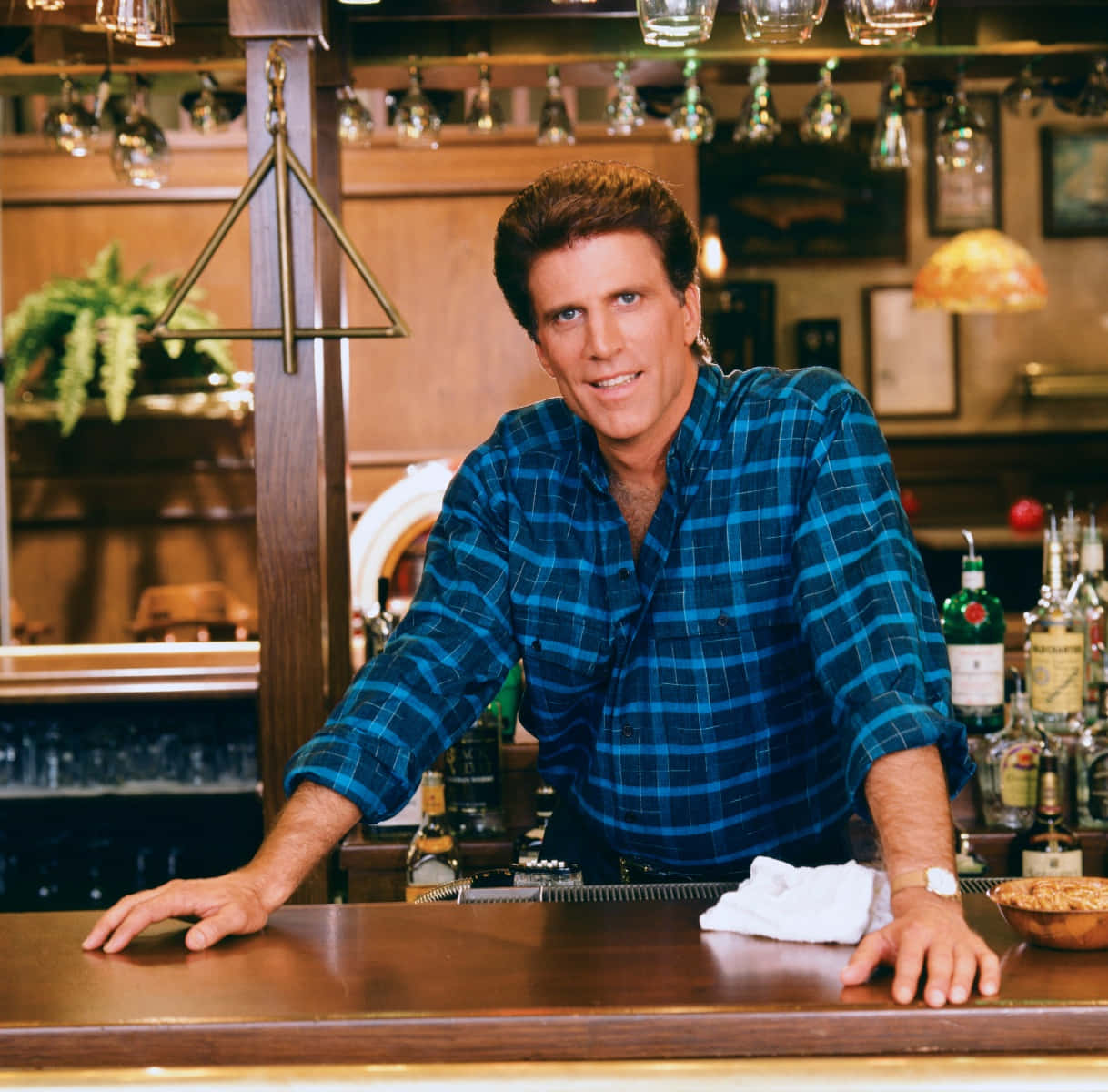 Ted Danson, blue plaid shirt, wooden bar, SD Desktop Wallpaper
