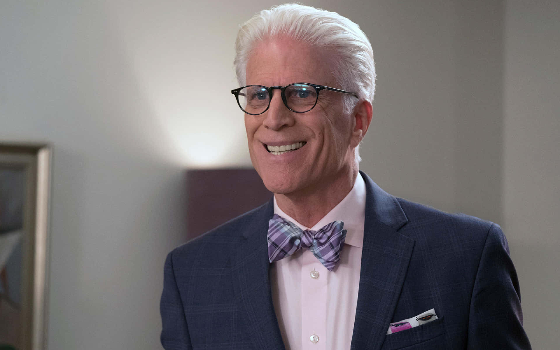 Ted Danson, navy suit, purple plaid bow tie, Full HD Desktop Wallpaper