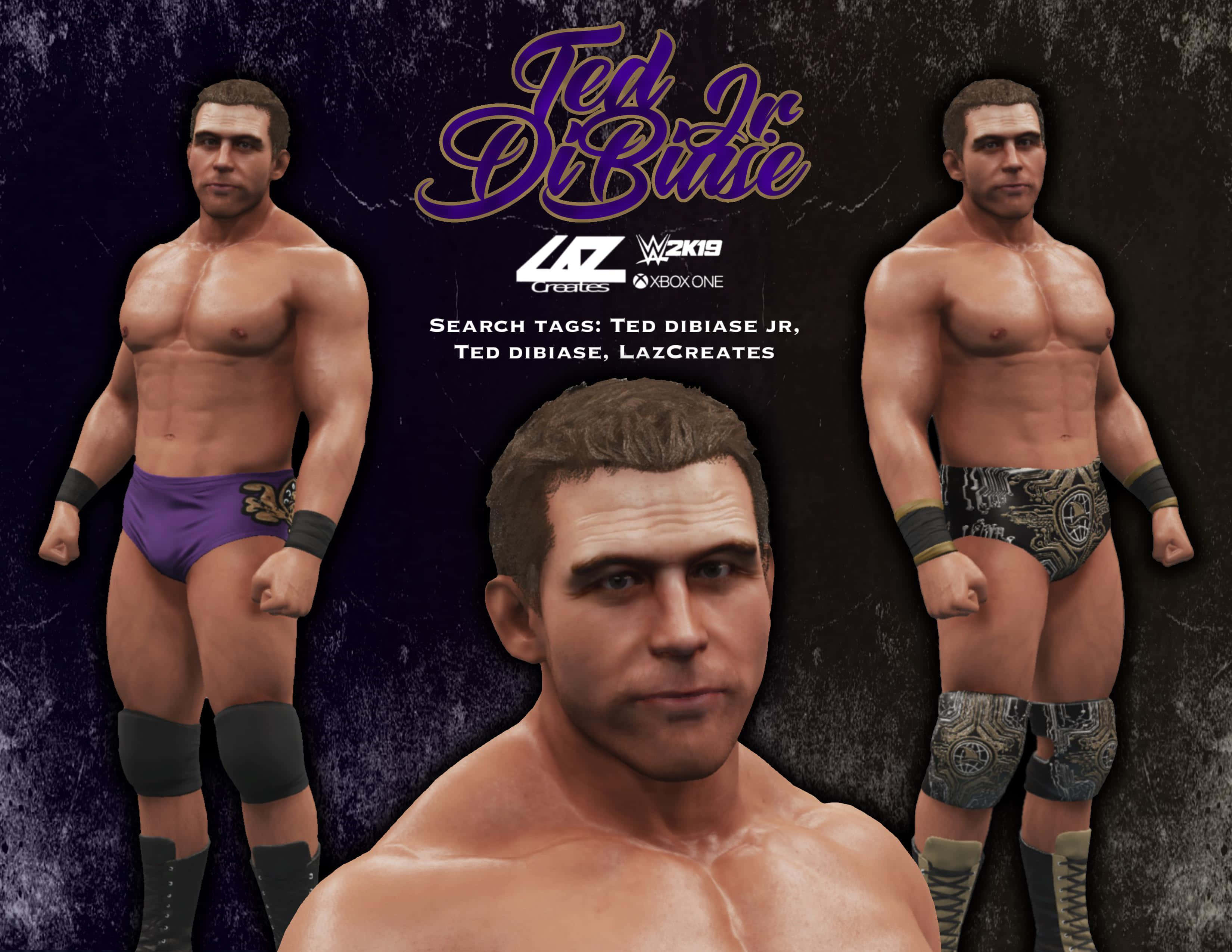 Ted Dibiase Jr., three 3d-rendered wrestler characters, wrestling gear, 2K Desktop Wallpaper