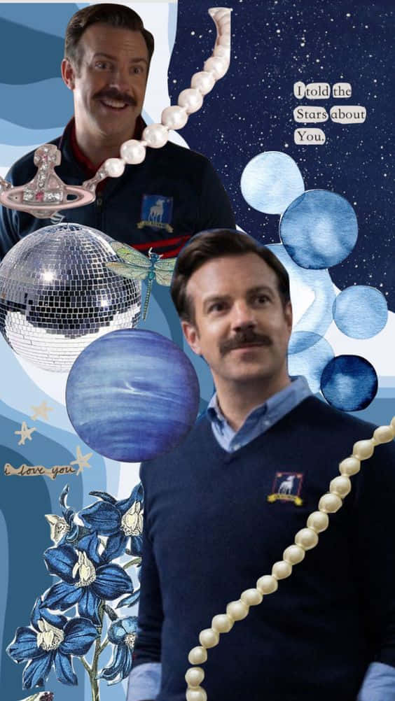 Ted Lasso, cosmic collage, starry blue background, SD Phone Wallpaper