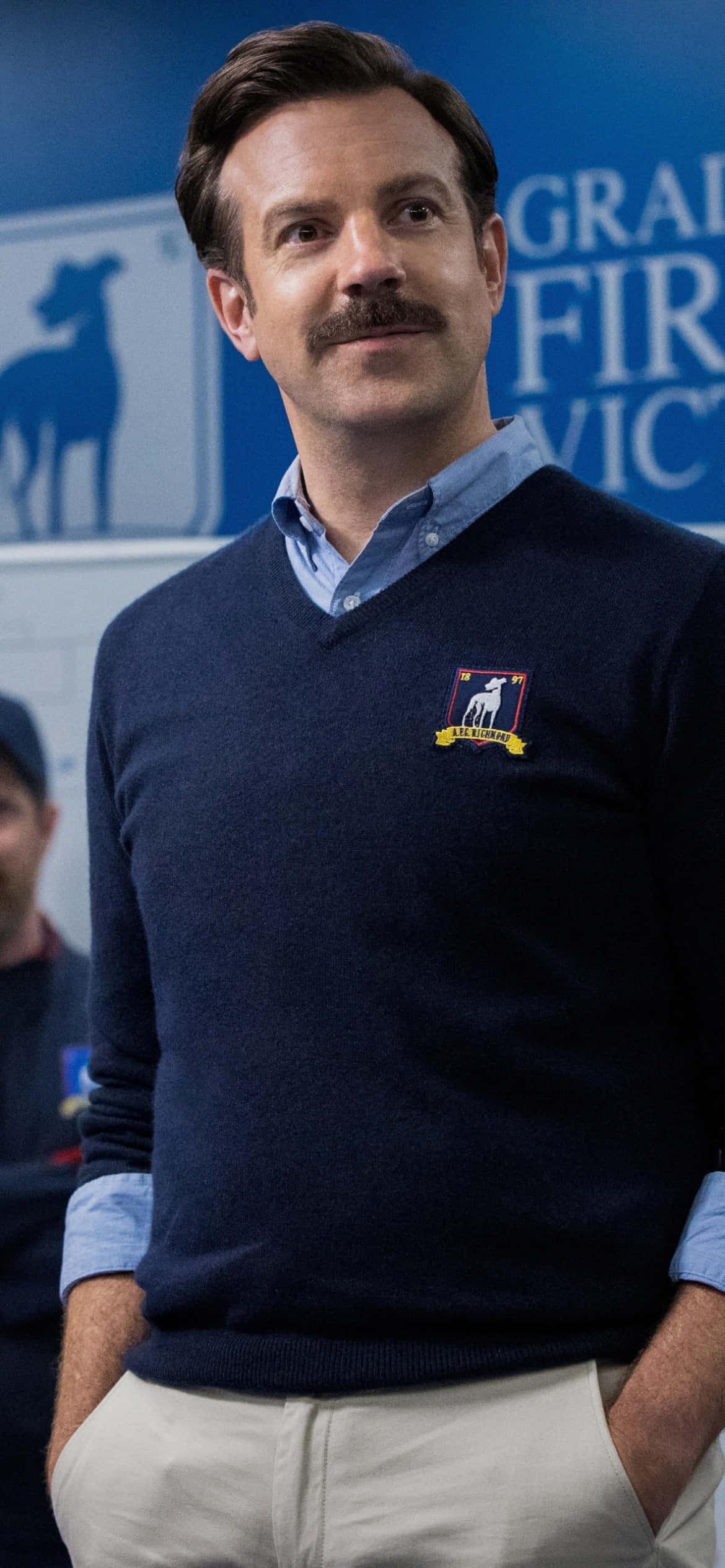 Ted Lasso, navy sweater, deer patch, Full HD Phone Wallpaper