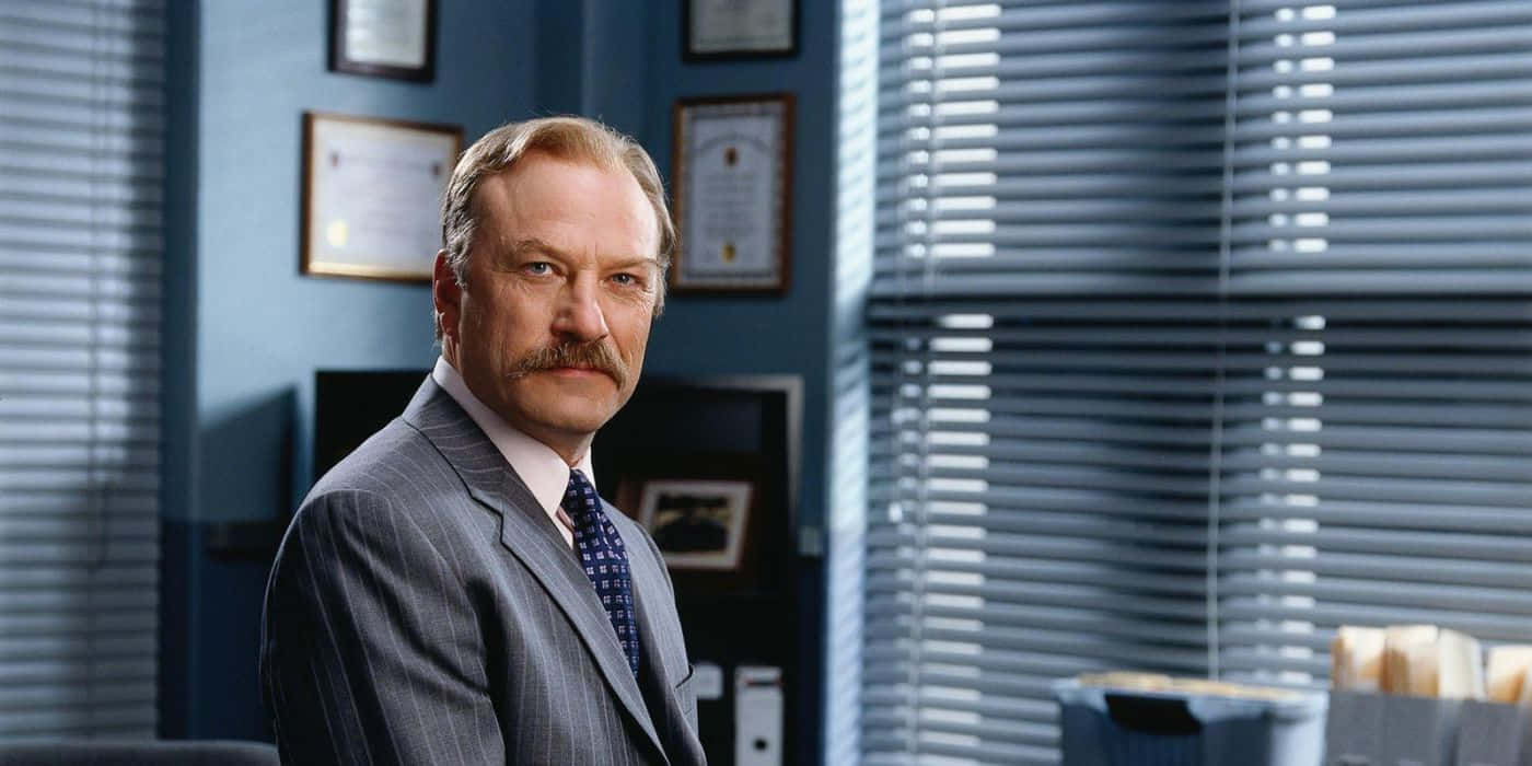 Ted Levine, gray pinstripe suit, blue office, HD Desktop Wallpaper
