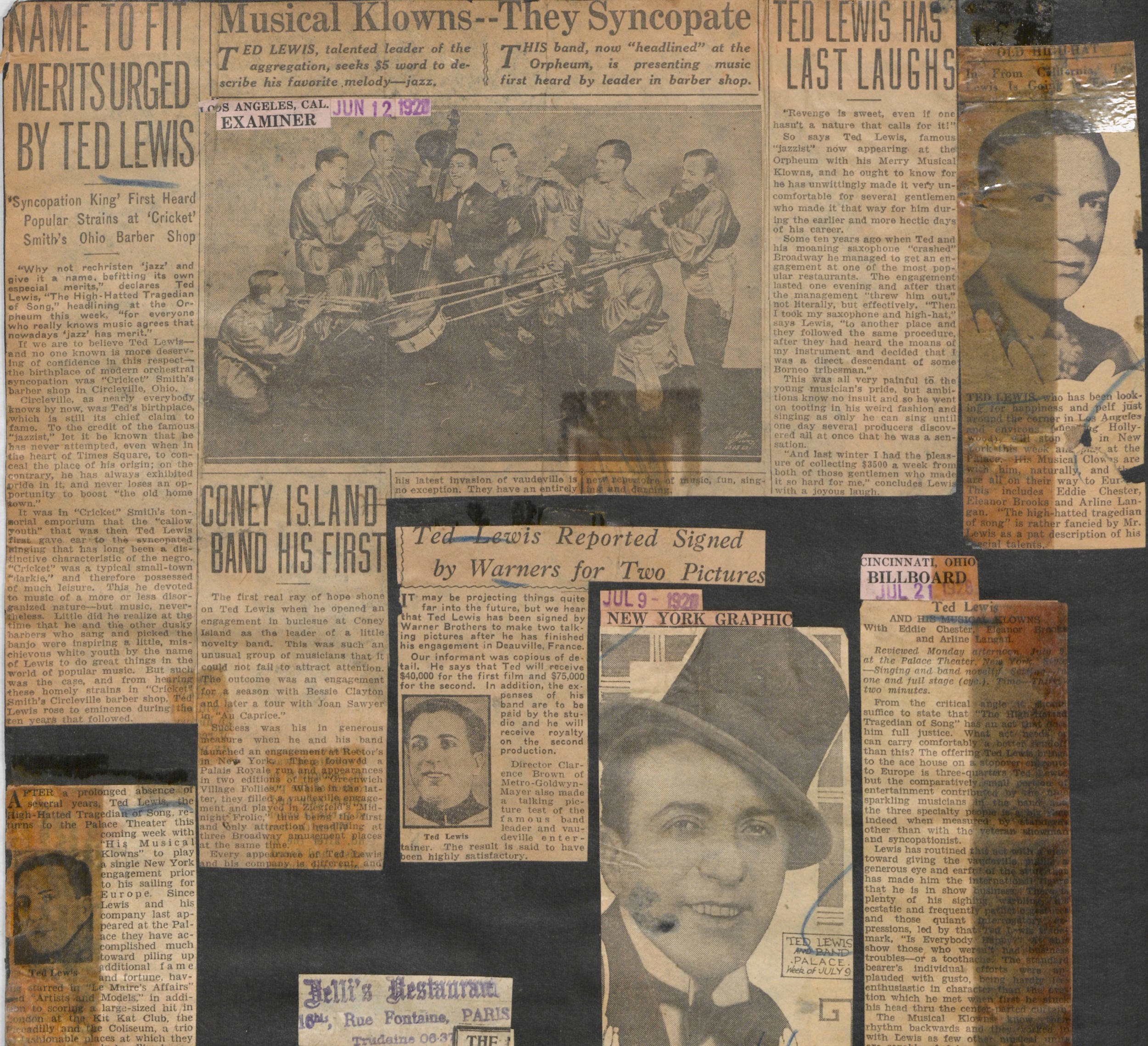 Ted Lewis, 1920s music career, vintage newspaper clippings collage, Full HD Desktop Wallpaper