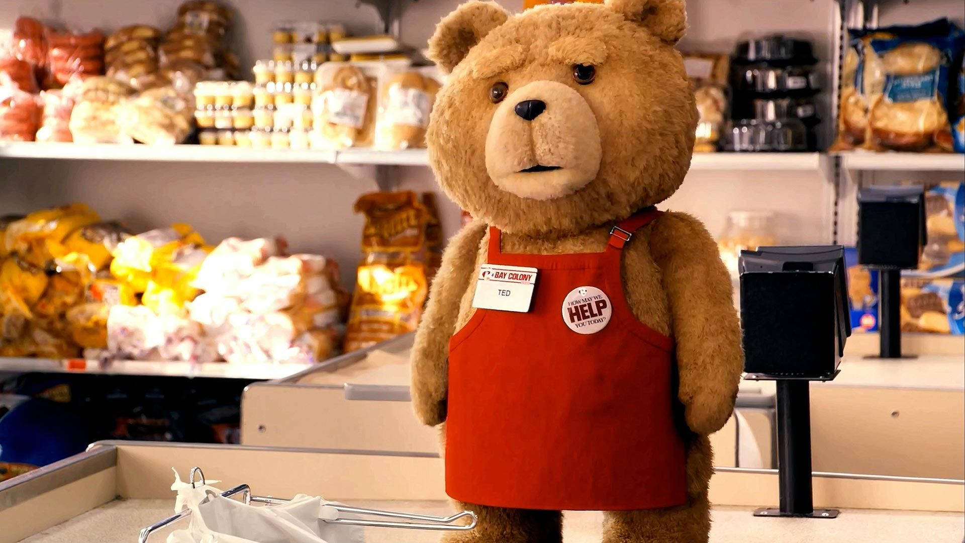 Ted, red apron, grocery store checkout counter, Full HD Desktop Wallpaper