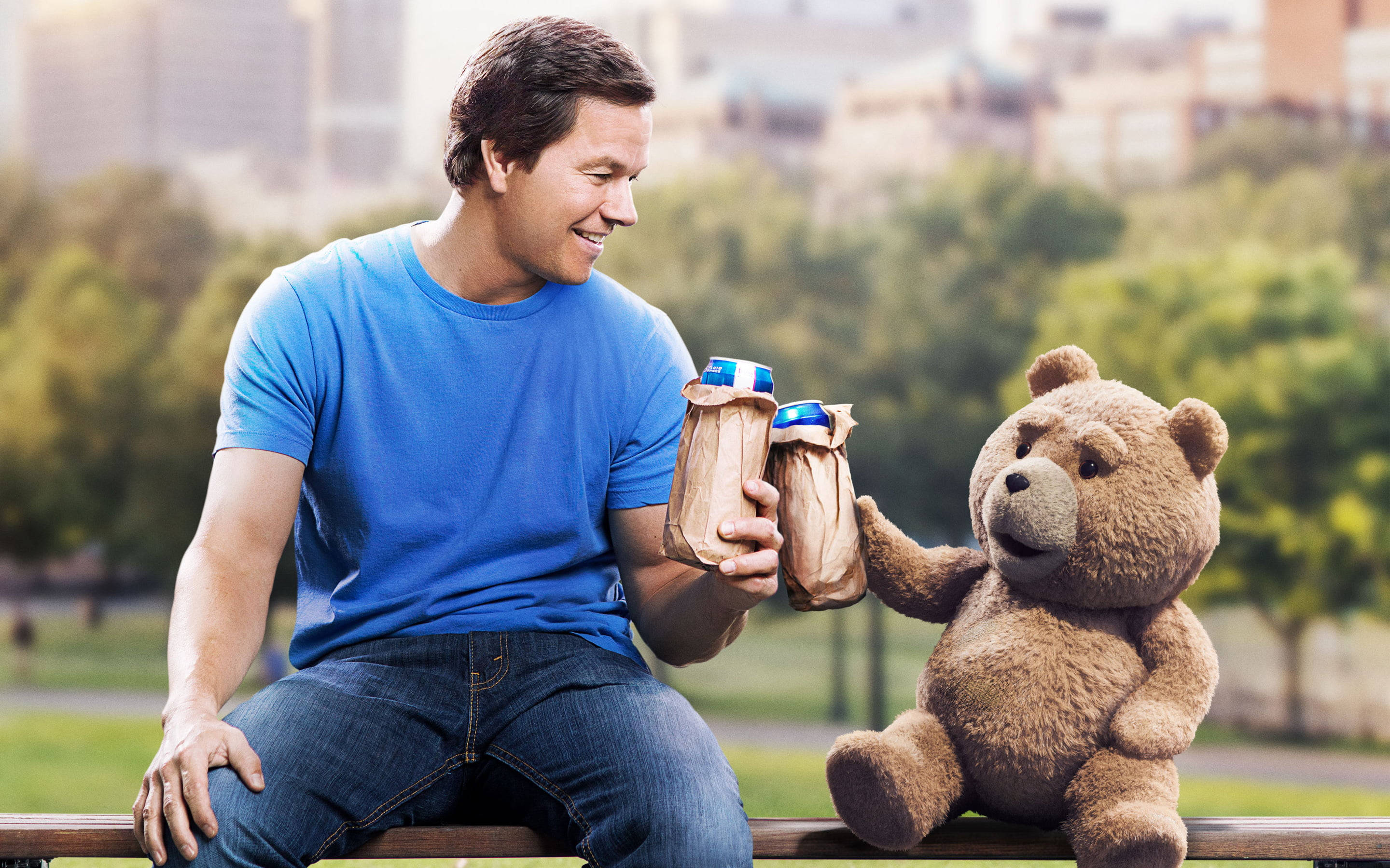 Ted, blue shirt, talking teddy bear, 2K Desktop Wallpaper
