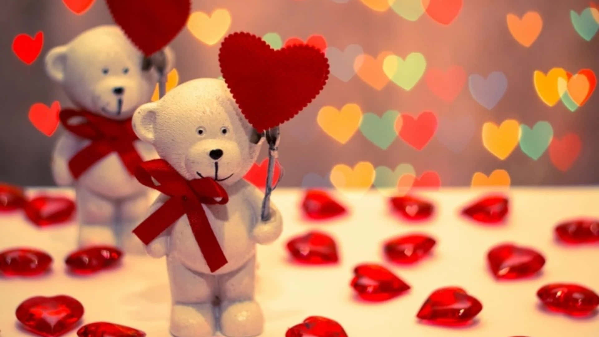 red cute aesthetic, white teddy bears, red bows, Full HD Desktop Wallpaper