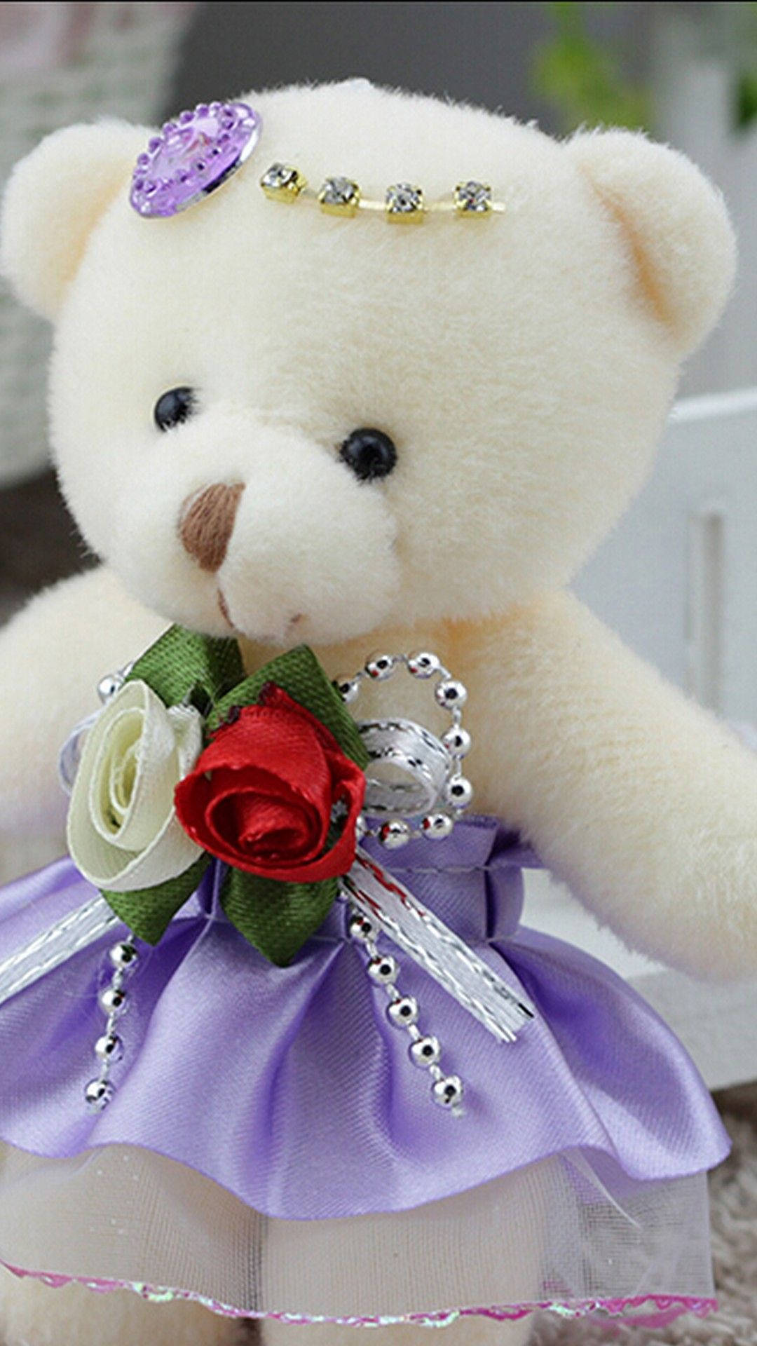 teddy bear, purple satin dress, silver beads, Full HD Phone Wallpaper