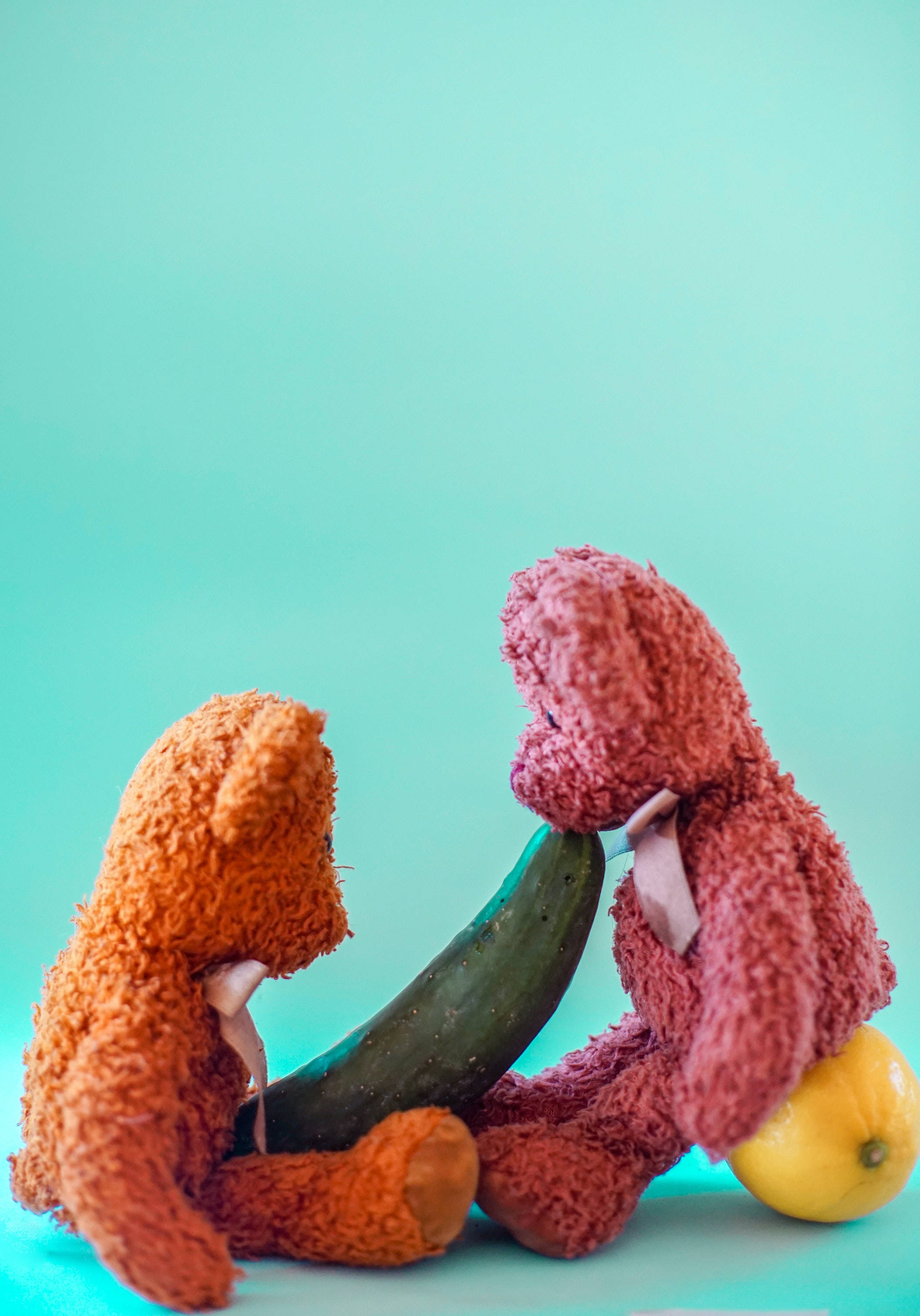 cucumber, lemon, teal background, 2K Phone Wallpaper