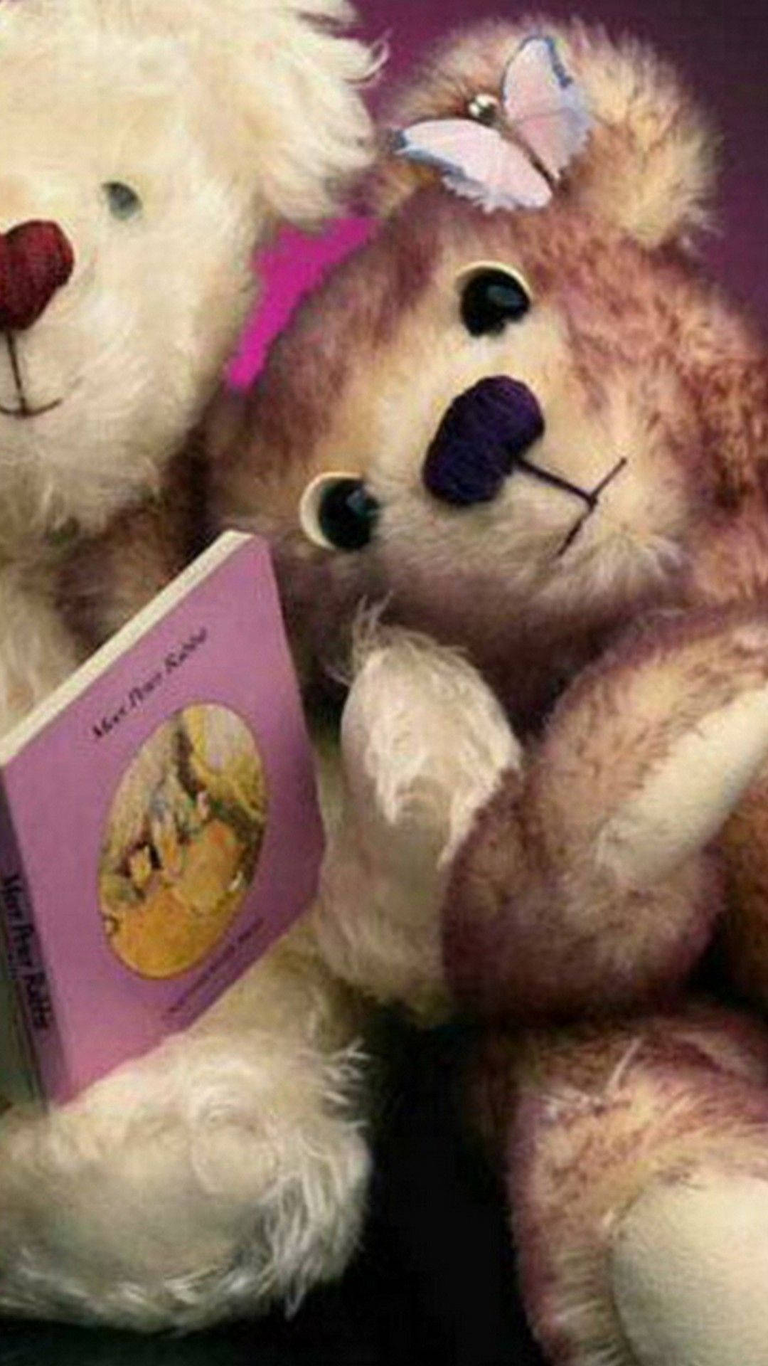 Teddy bear, fluffy, pink book, Full HD Phone Wallpaper
