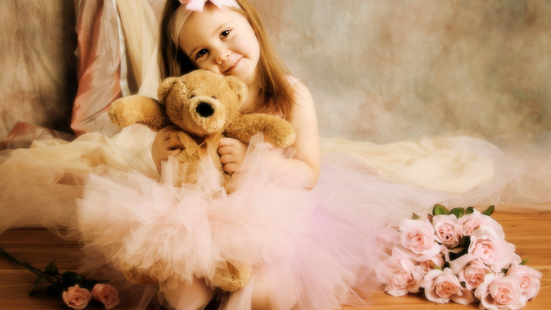 flower girl, pink tutu, teddy bear, Full HD Desktop Wallpaper