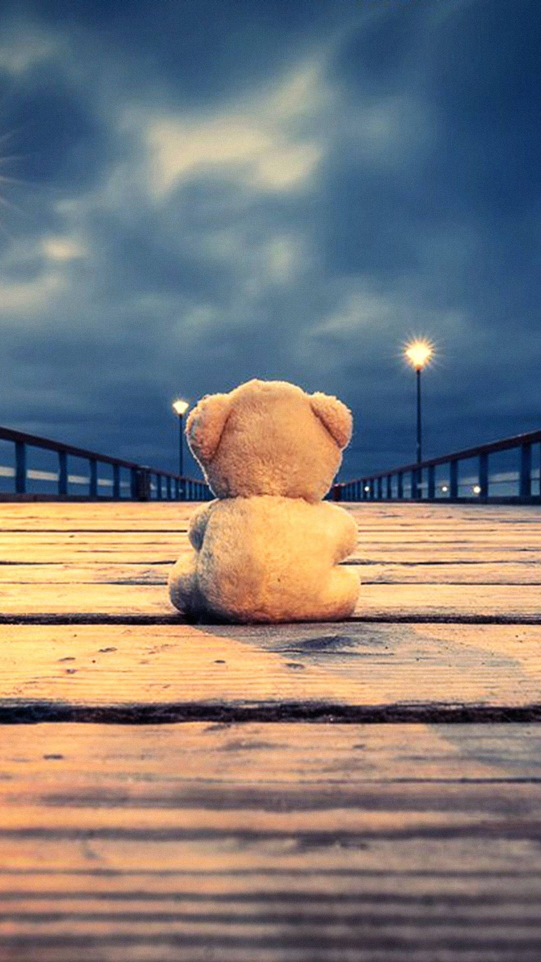 teddy bear, wooden bridge, dusk, Full HD Phone Wallpaper