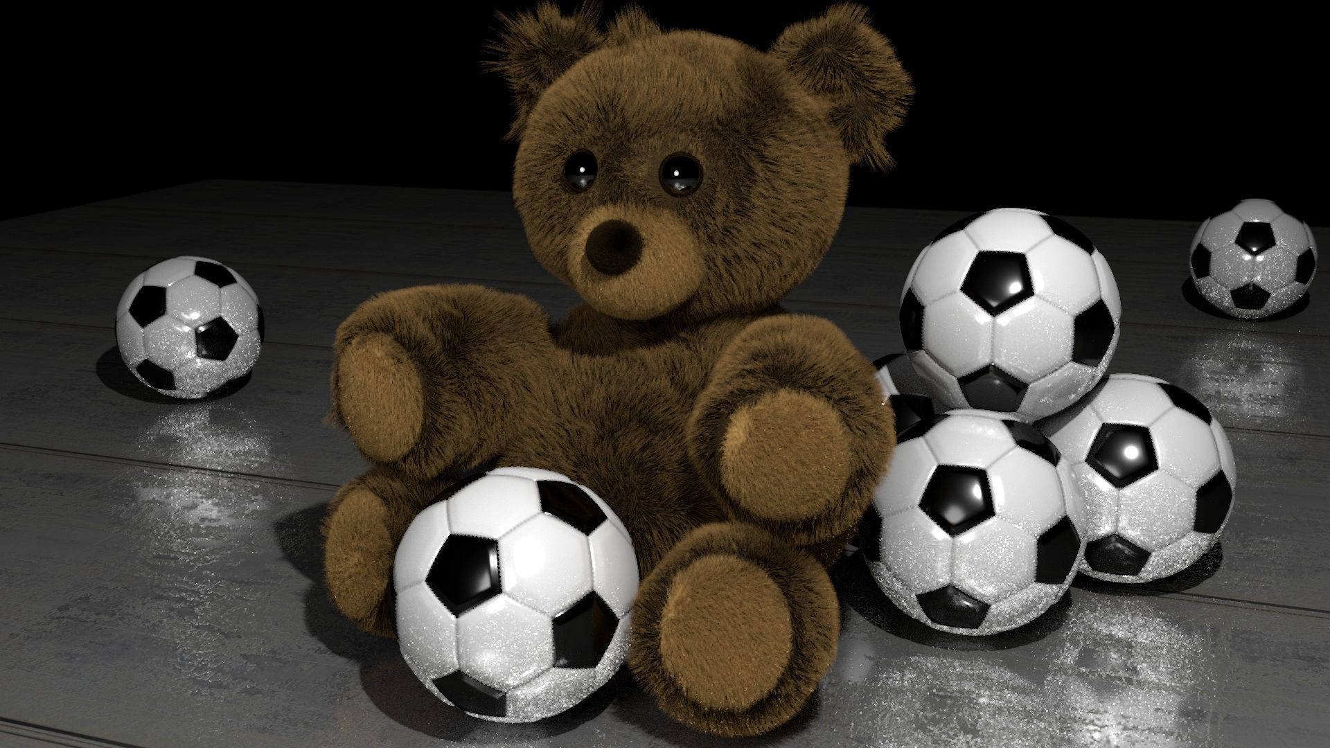 teddy bear, shiny black and white soccer balls, wooden floor, Full HD Desktop Wallpaper