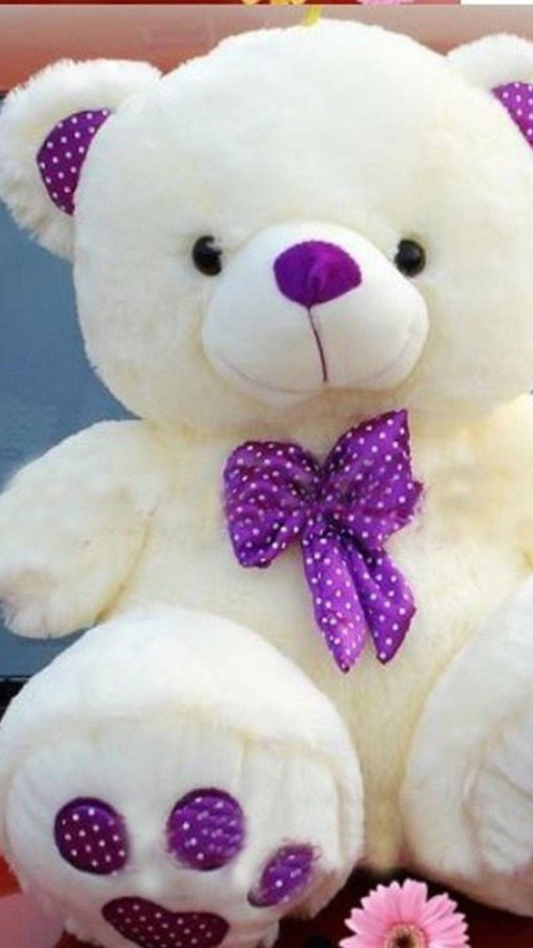 violet teddy bear, fluffy white teddy bear, purple polka dot ears, Full HD Phone Wallpaper