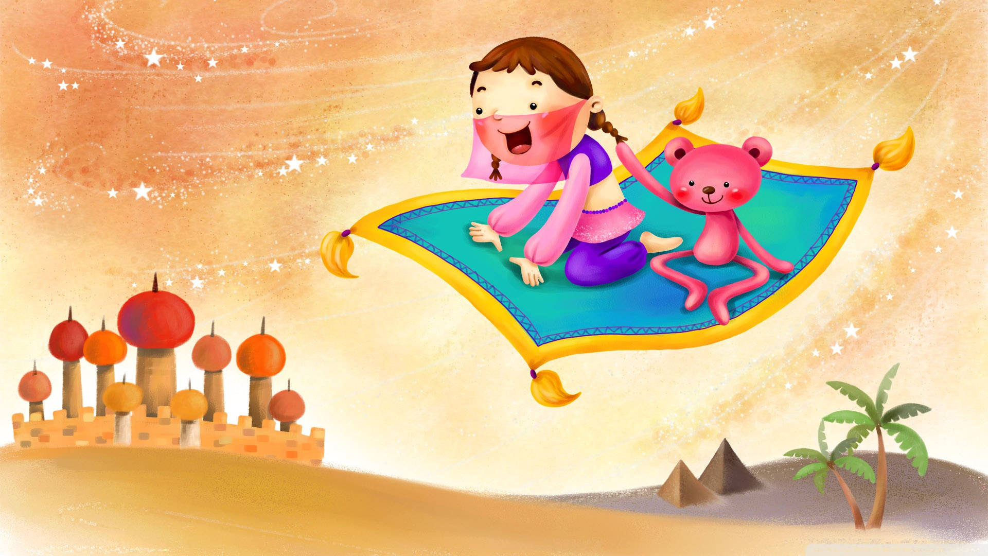 child, pink teddy bear, flying carpet, Full HD Desktop Wallpaper
