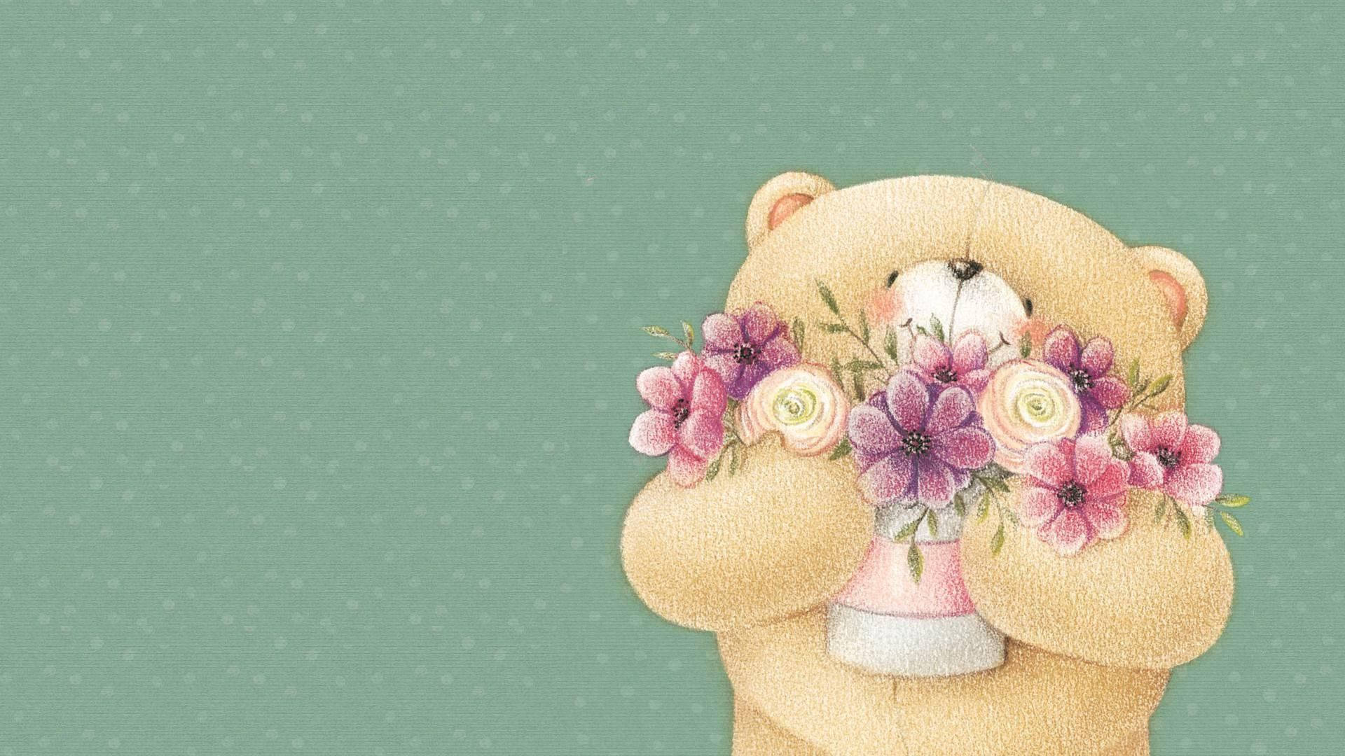 forever friends deckchair bear, beige teddy bear, pink and purple flowers, Full HD Desktop Wallpaper
