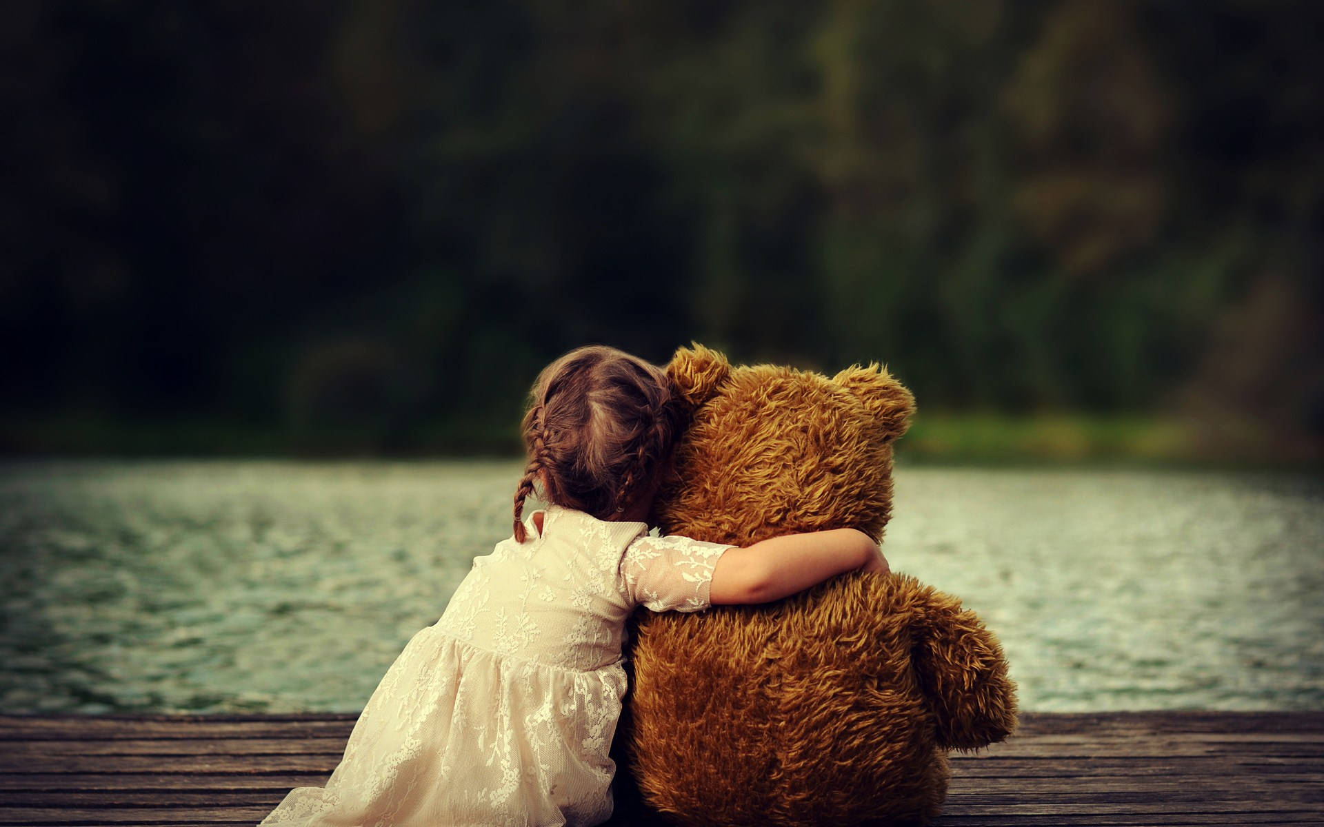 girl, teddy bear, white dress, Full HD Desktop Wallpaper