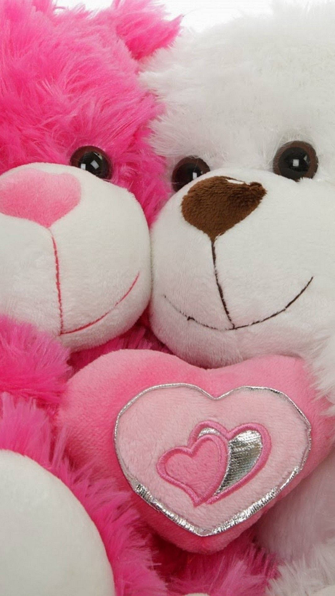 pink and white plush teddy bear, pink heart pillow, embroidered hearts, Full HD Phone Wallpaper