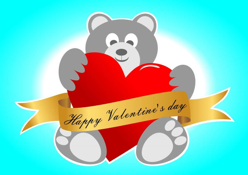 gray cartoon bear, red heart, golden banner, SD Desktop Wallpaper