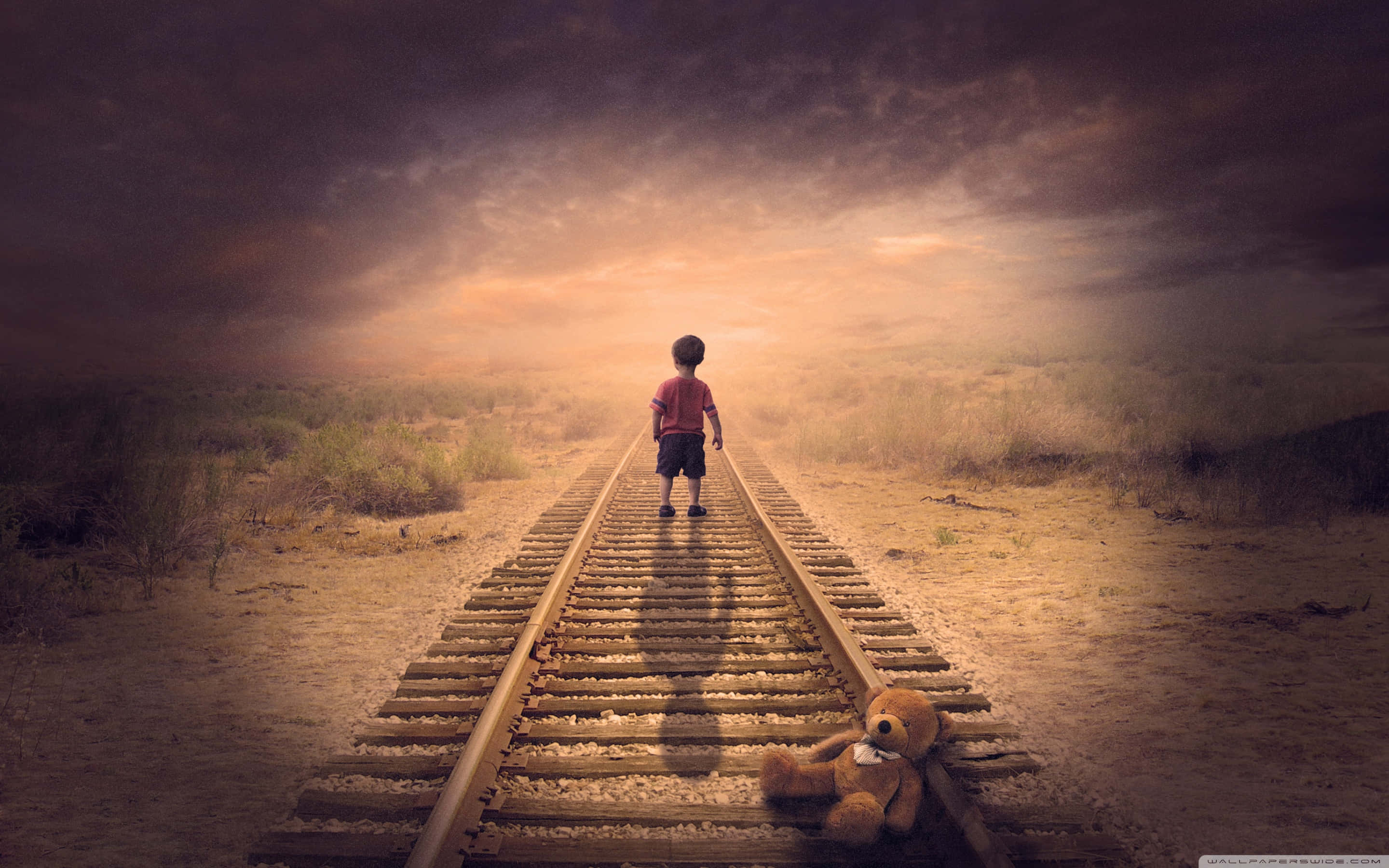 desert train tracks, teddy bear, twilight sky, 2K Desktop Wallpaper