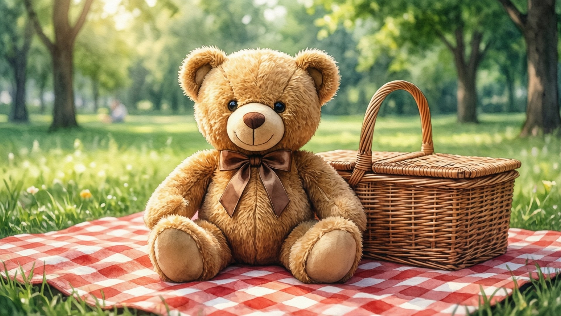 teddy bear, tan, brown bow, Full HD Desktop Wallpaper