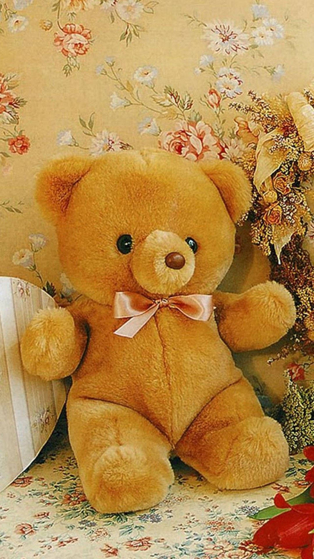 little brown teddy bear, golden teddy bear, pink bow, Full HD Phone Wallpaper