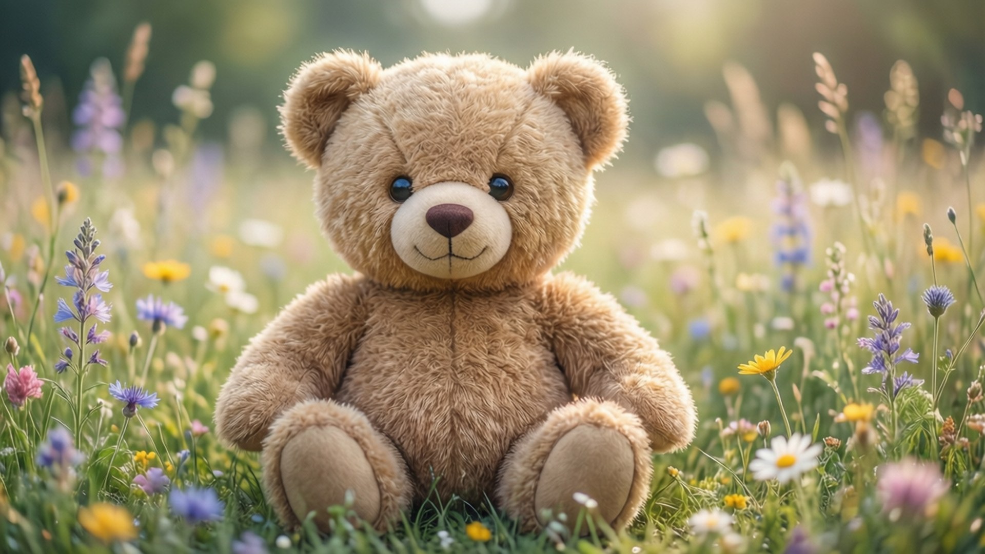 teddy bear, meadow, sunlit, Full HD Desktop Wallpaper