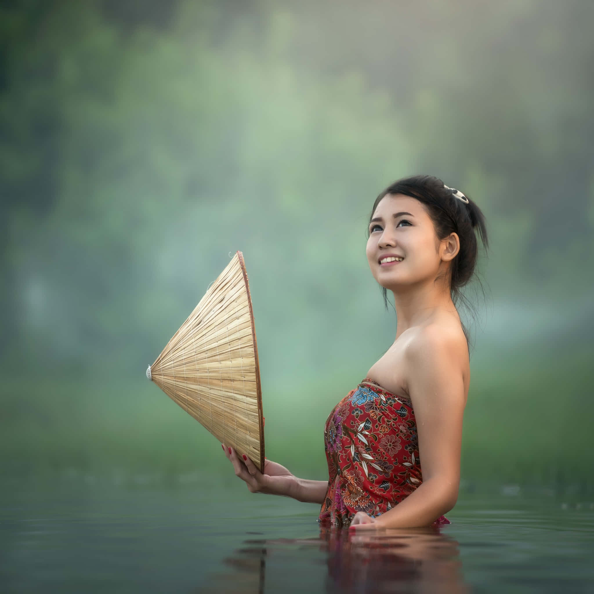 teen girl model, red patterned dress, misty water, Full HD Desktop Wallpaper