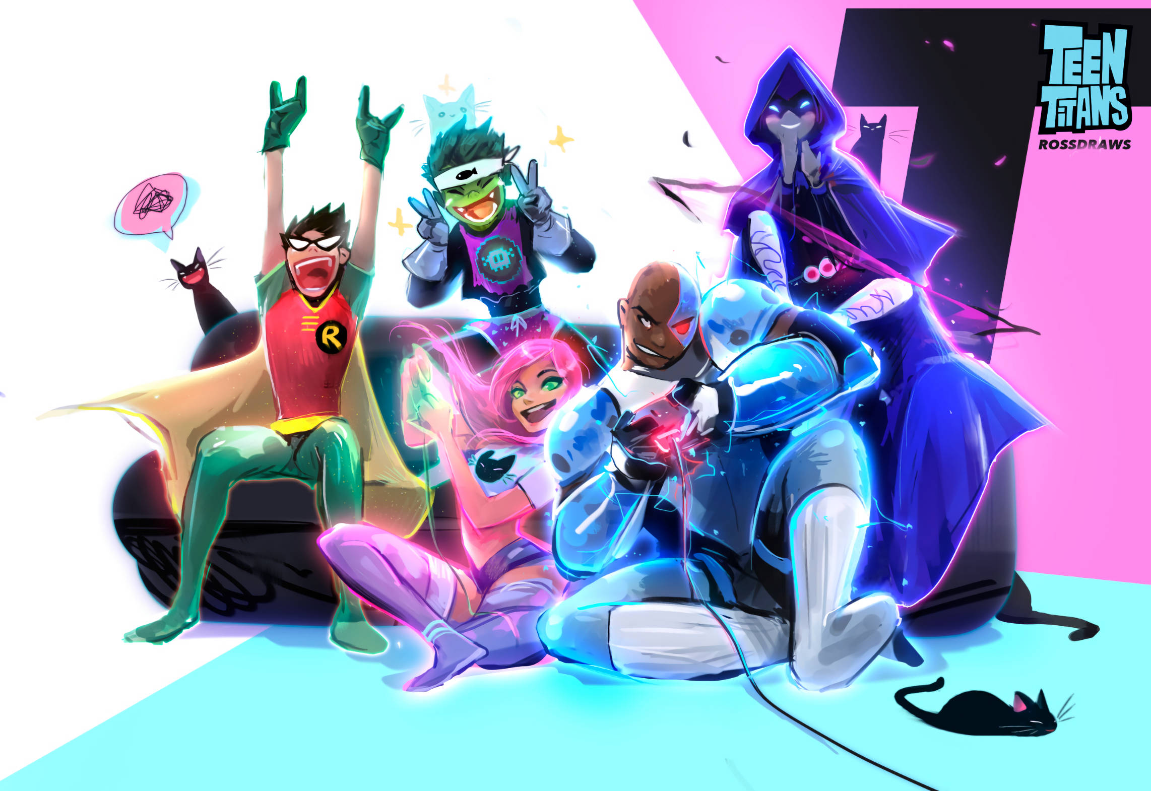 Teen Titans, glowing effects, playful cats, Full HD Desktop Wallpaper