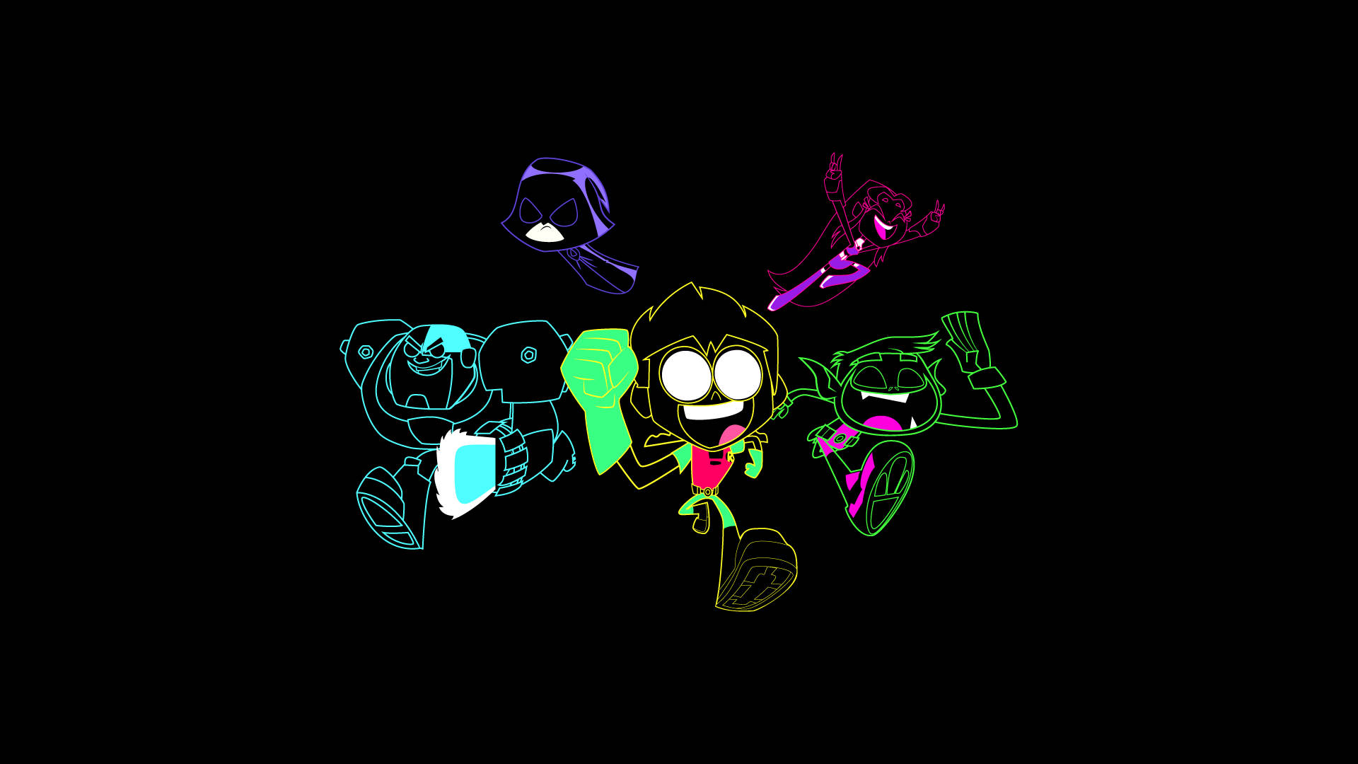 Neon Teen Titans, neon-outlined, animated characters, Full HD Desktop Wallpaper