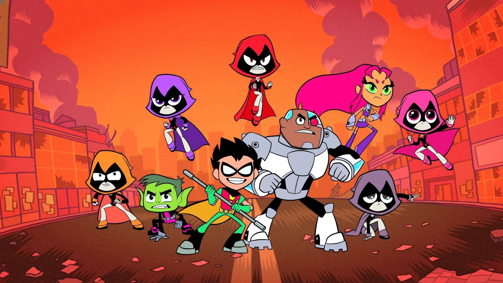 Teen Titans, fiery urban ruin, orange sky, Full HD Desktop Wallpaper