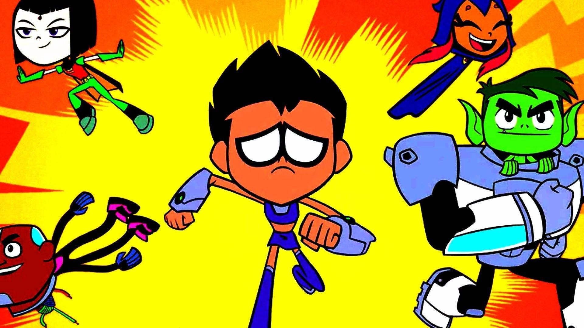 Teen Titans, cute poster, fiery yellow background, Full HD Desktop Wallpaper