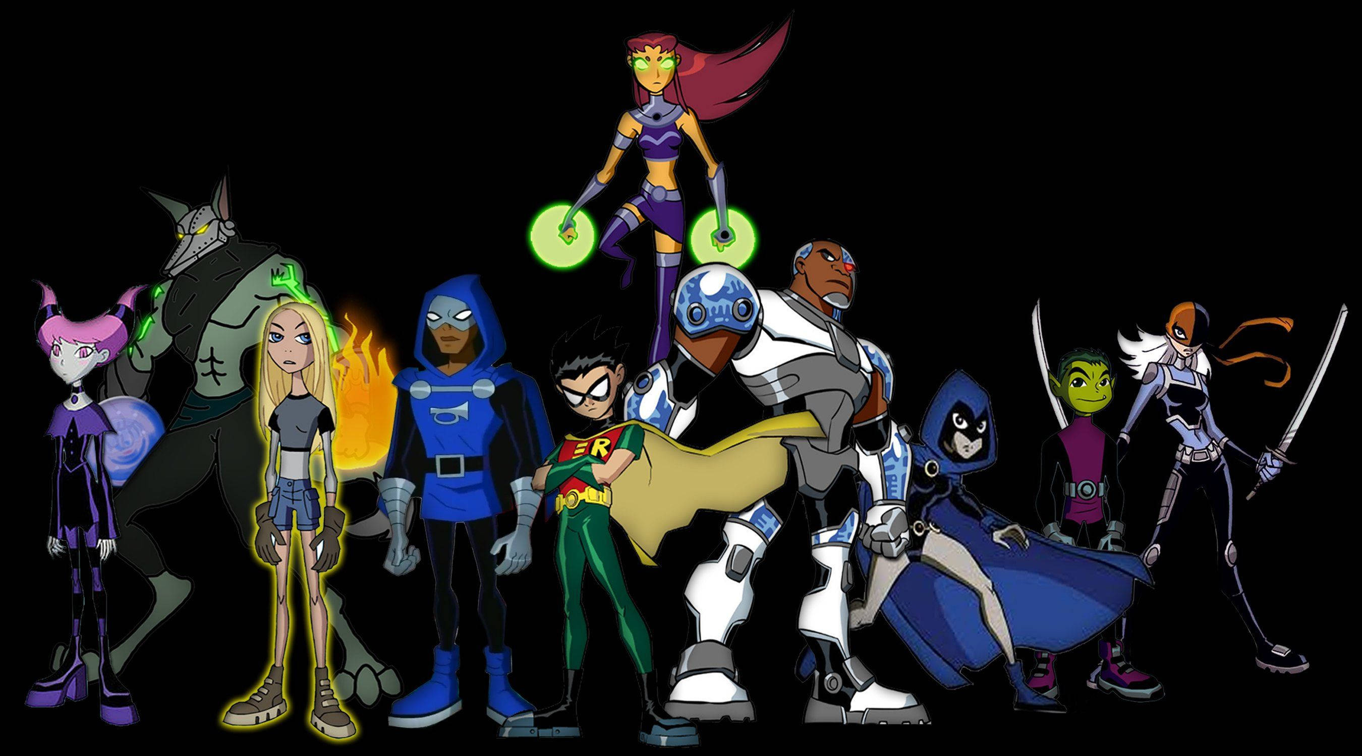 Teen Titans, animated superhero characters, black background, 2K Desktop Wallpaper