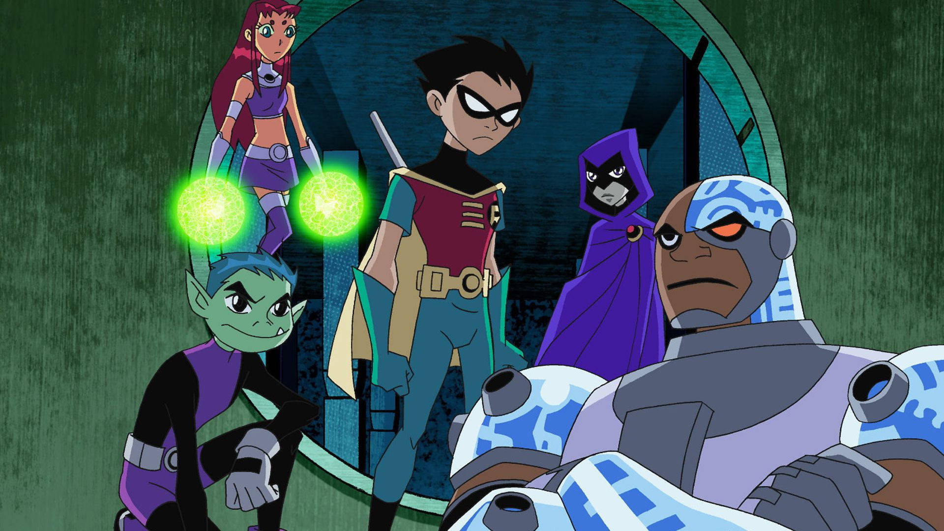 Teen Titans, dark green archway, glowing green orbs, Full HD Desktop Wallpaper