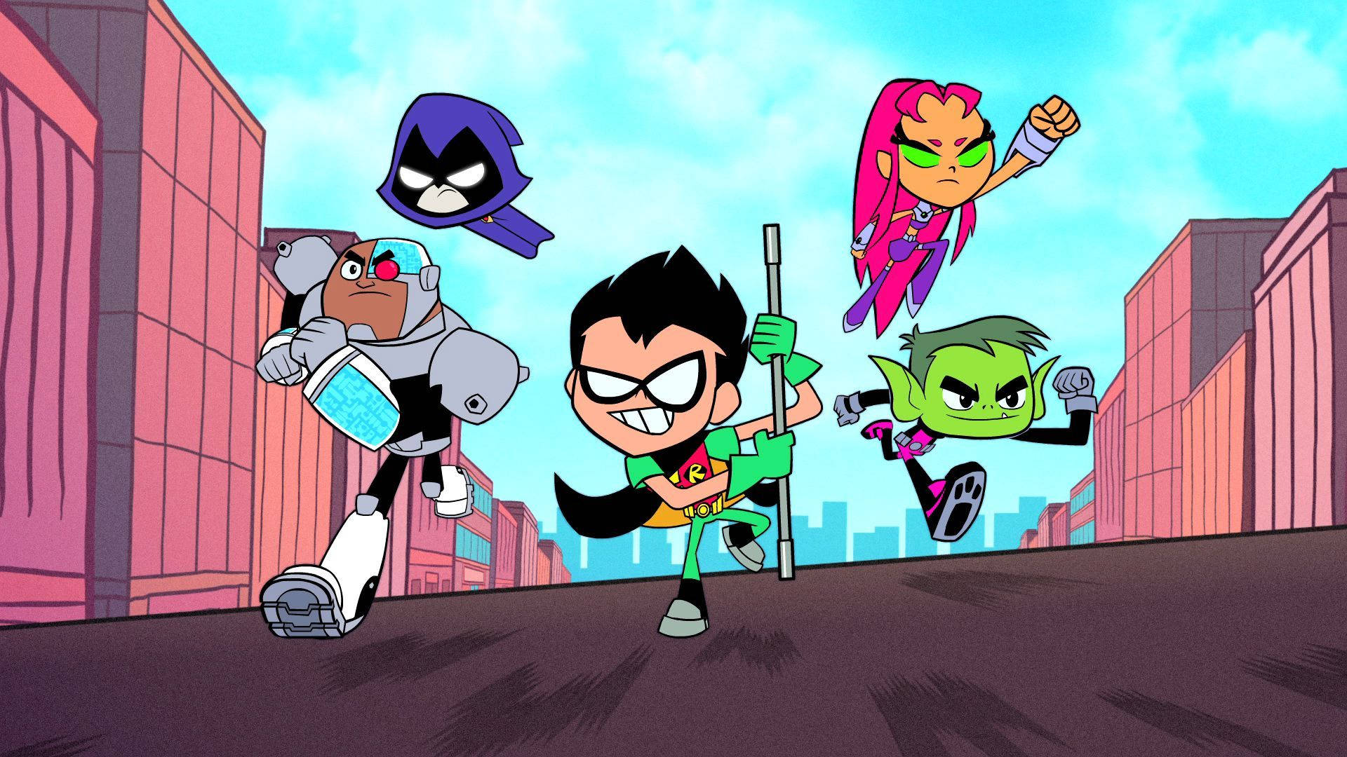 Teen Titans, animated teen superheroes, stylized urban alleyway, Full HD Desktop Wallpaper