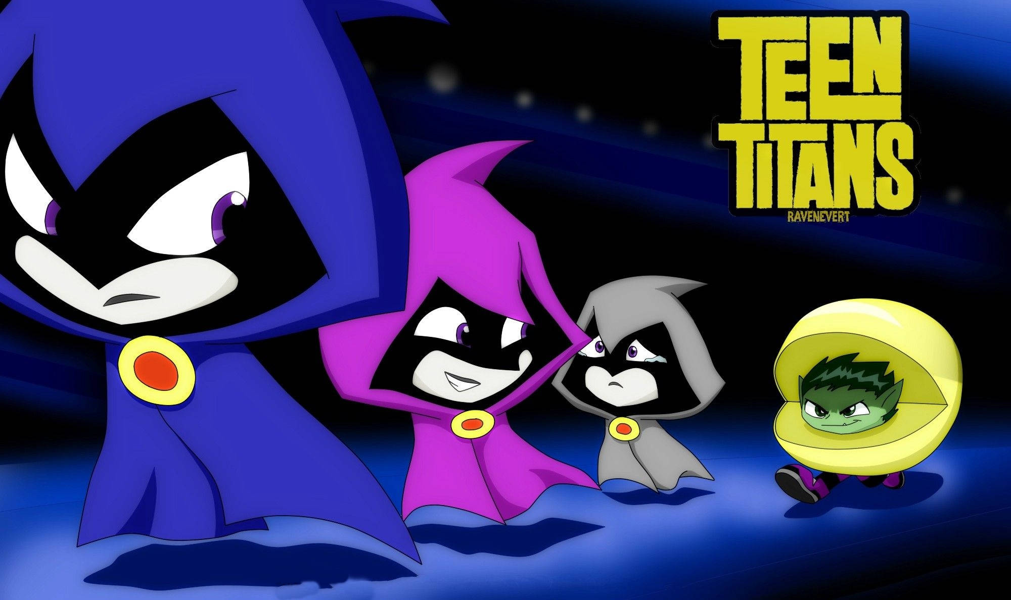 Teen Titans, chibi-style, dark blue space, Full HD Desktop Wallpaper