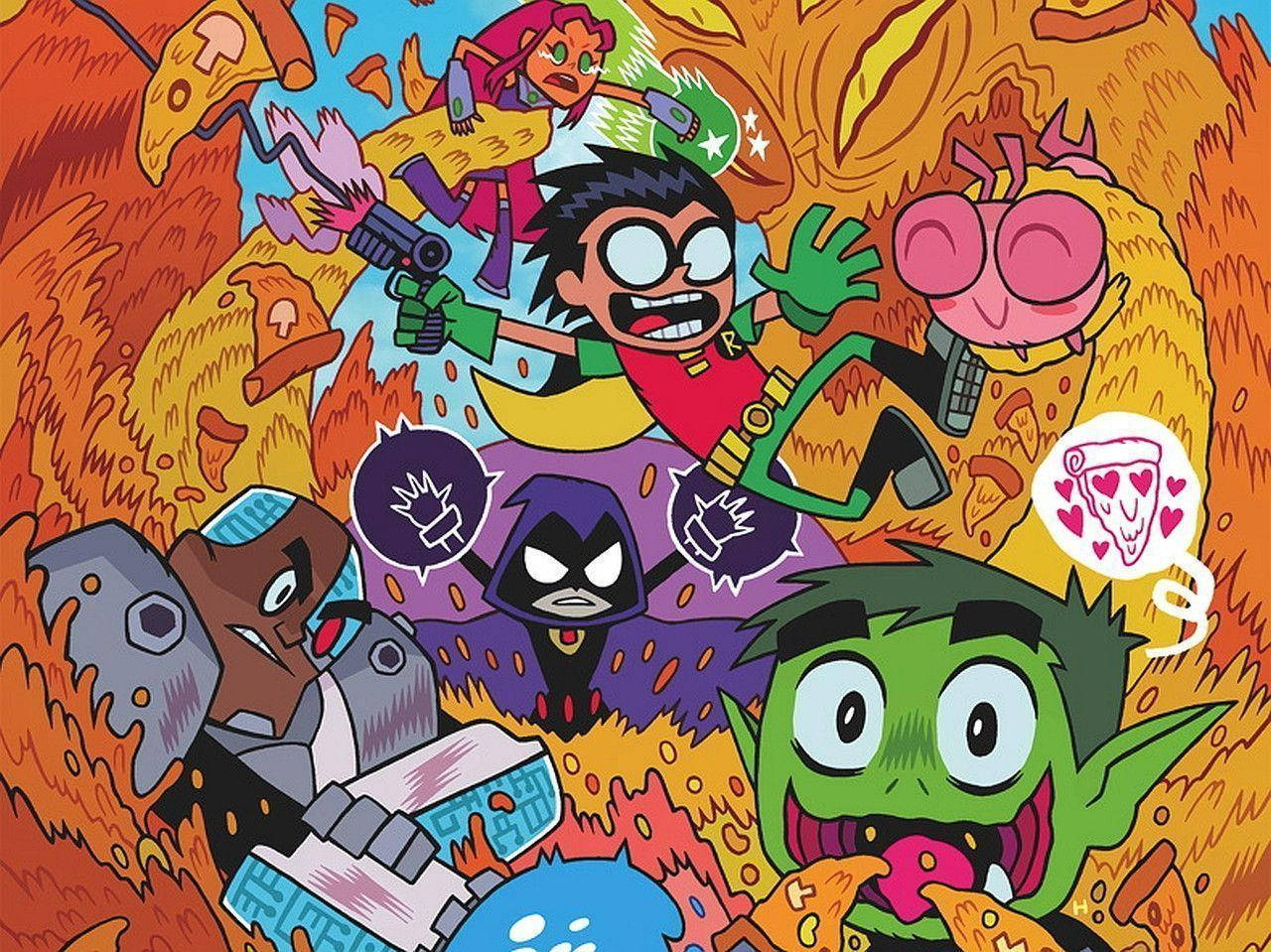 Teen Titans, pizza-themed, fiery orange background, HD Desktop Wallpaper
