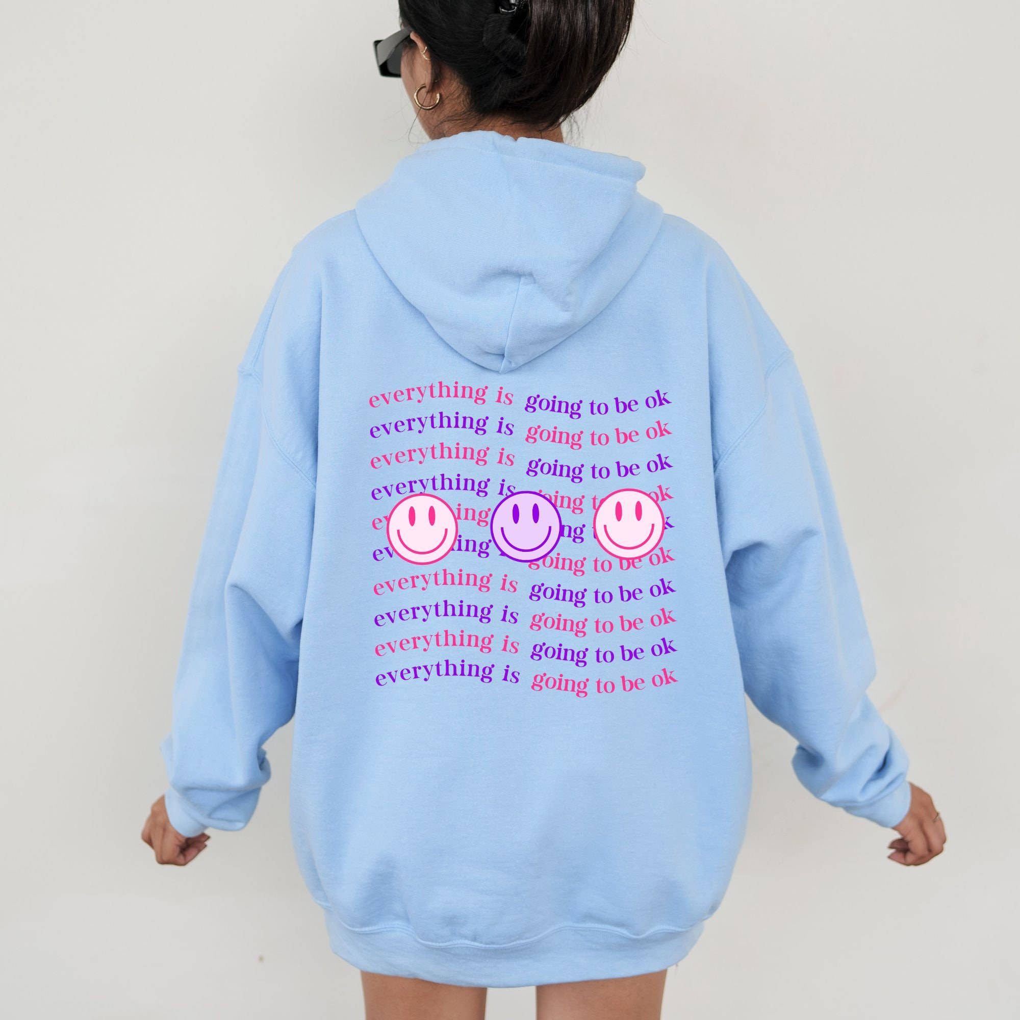 light blue, oversized hoodie, repeating pink text, Full HD Desktop Wallpaper