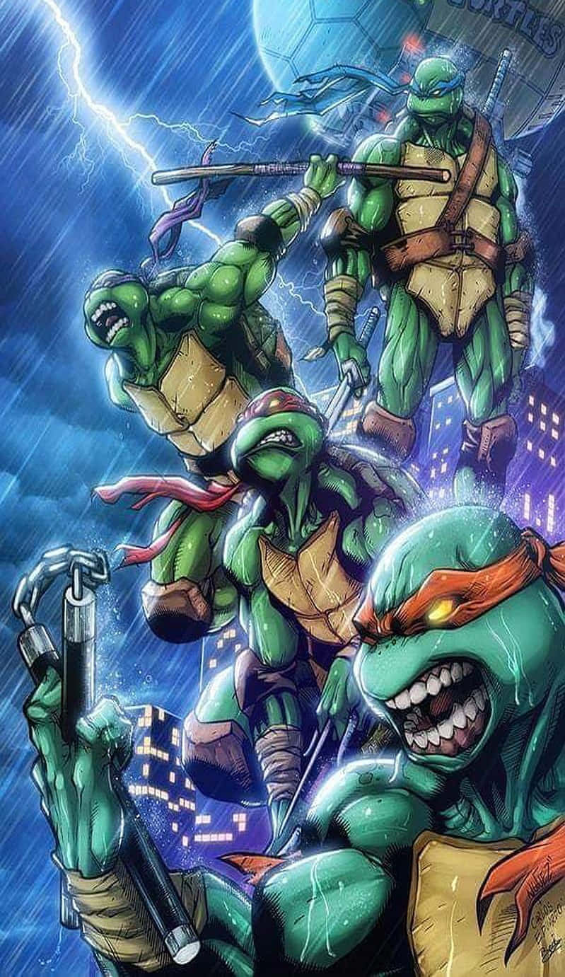 Teenage Mutant Ninja Turtles, green ninja turtles, stormy cityscape, HD Phone Wallpaper
