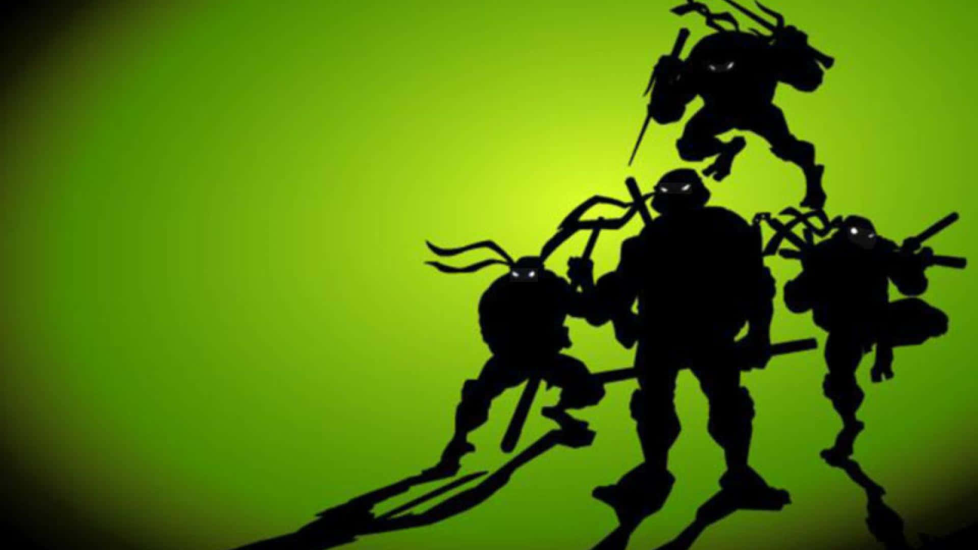 Teenage Mutant Ninja Turtles, silhouetted ninja turtles, glowing green gradient background, Full HD Desktop Wallpaper