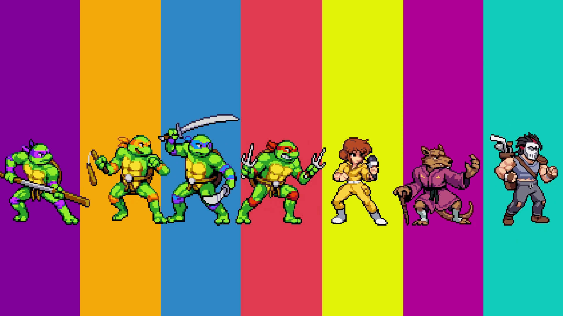 Teenage Mutant Ninja Turtles, pixel art, rainbow striped background, Full HD Desktop Wallpaper
