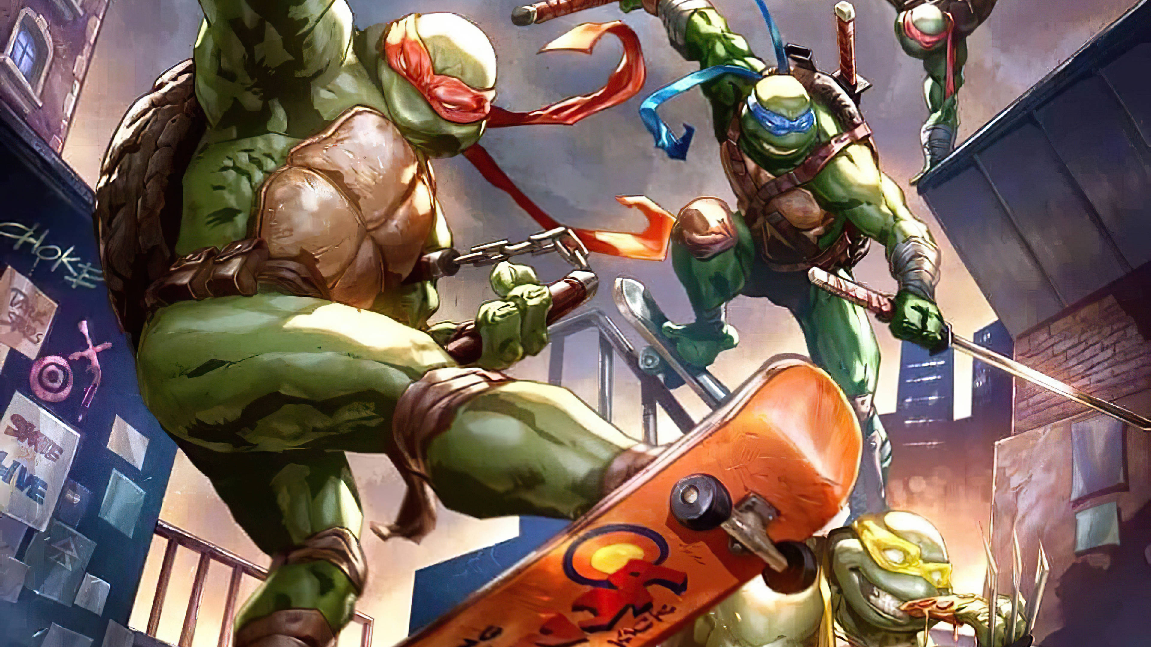 Teenage Mutant Ninja Turtles, green ninja turtles, gritty urban alley, 4K Desktop Wallpaper