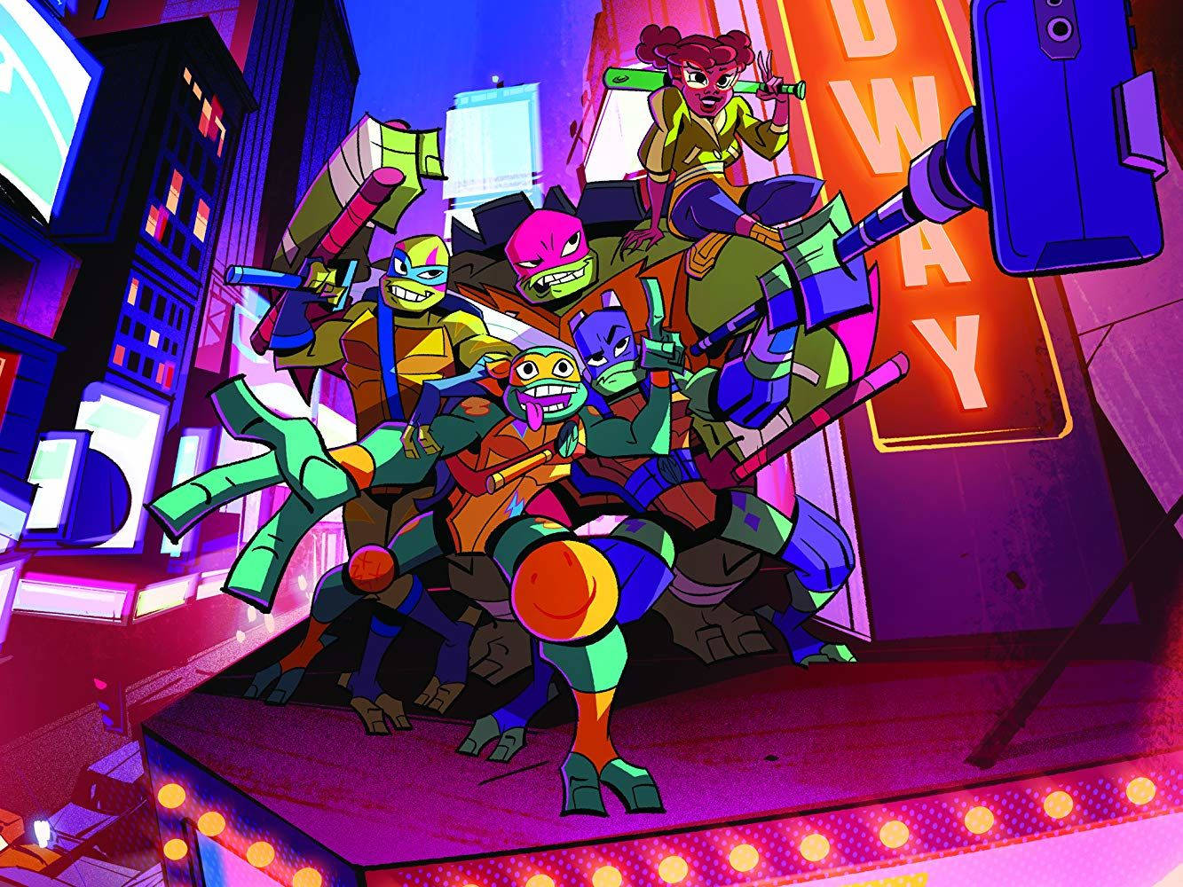 Teenage Mutant Ninja Turtles, neon-lit city rooftop, night, HD Desktop Wallpaper