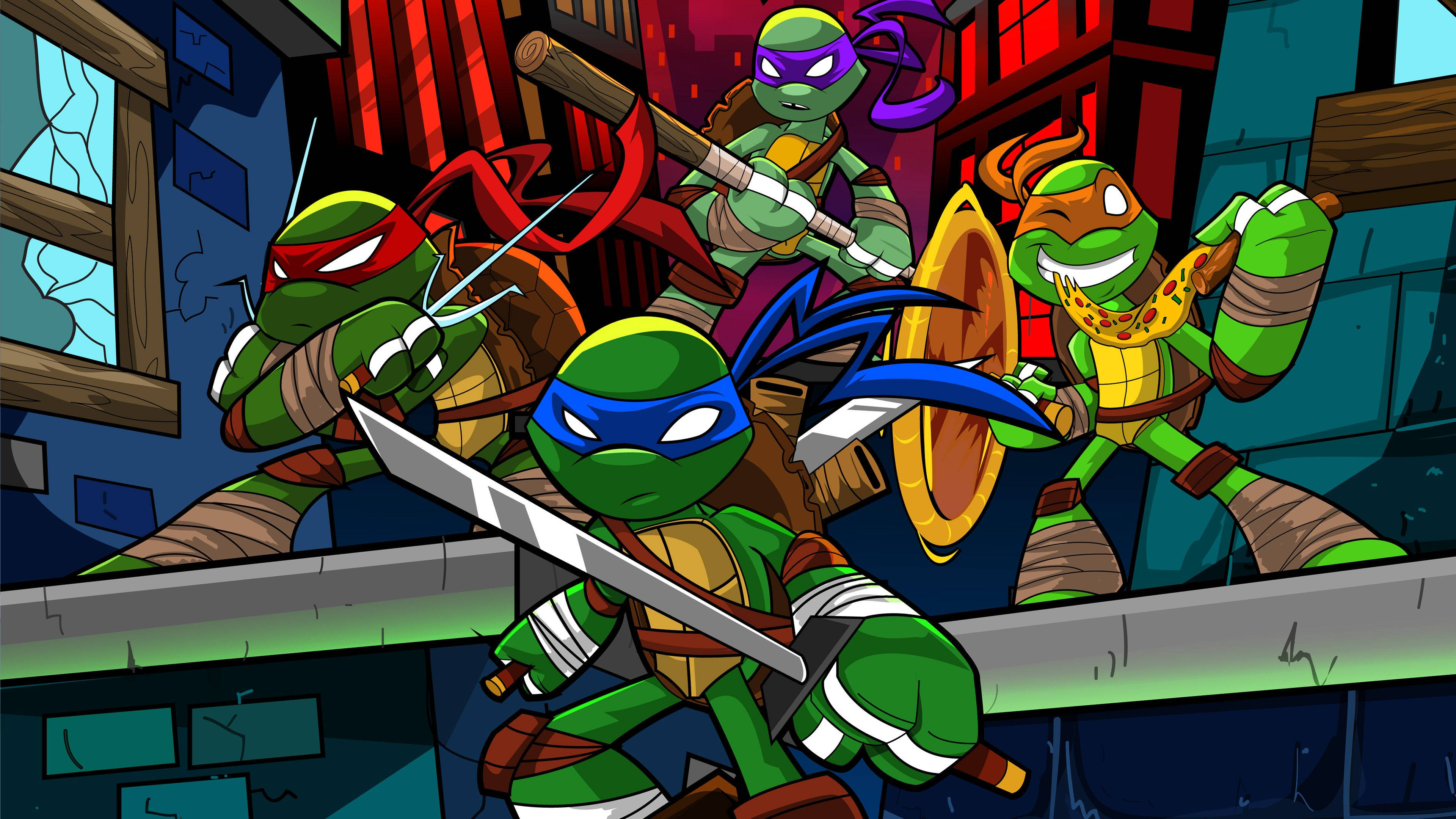 Teenage Mutant Ninja Turtles, colorful masks, weapons, 4K Desktop Wallpaper
