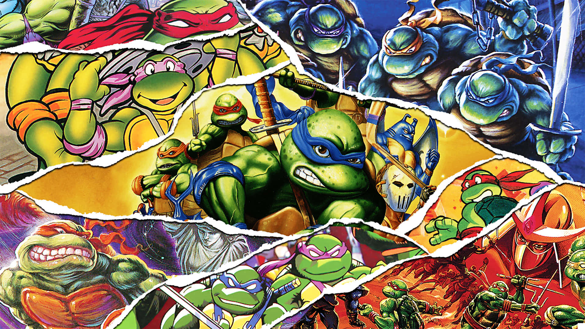 Teenage Mutant Ninja Turtles, Torn comic panels, dynamic action poses, Full HD Desktop Wallpaper