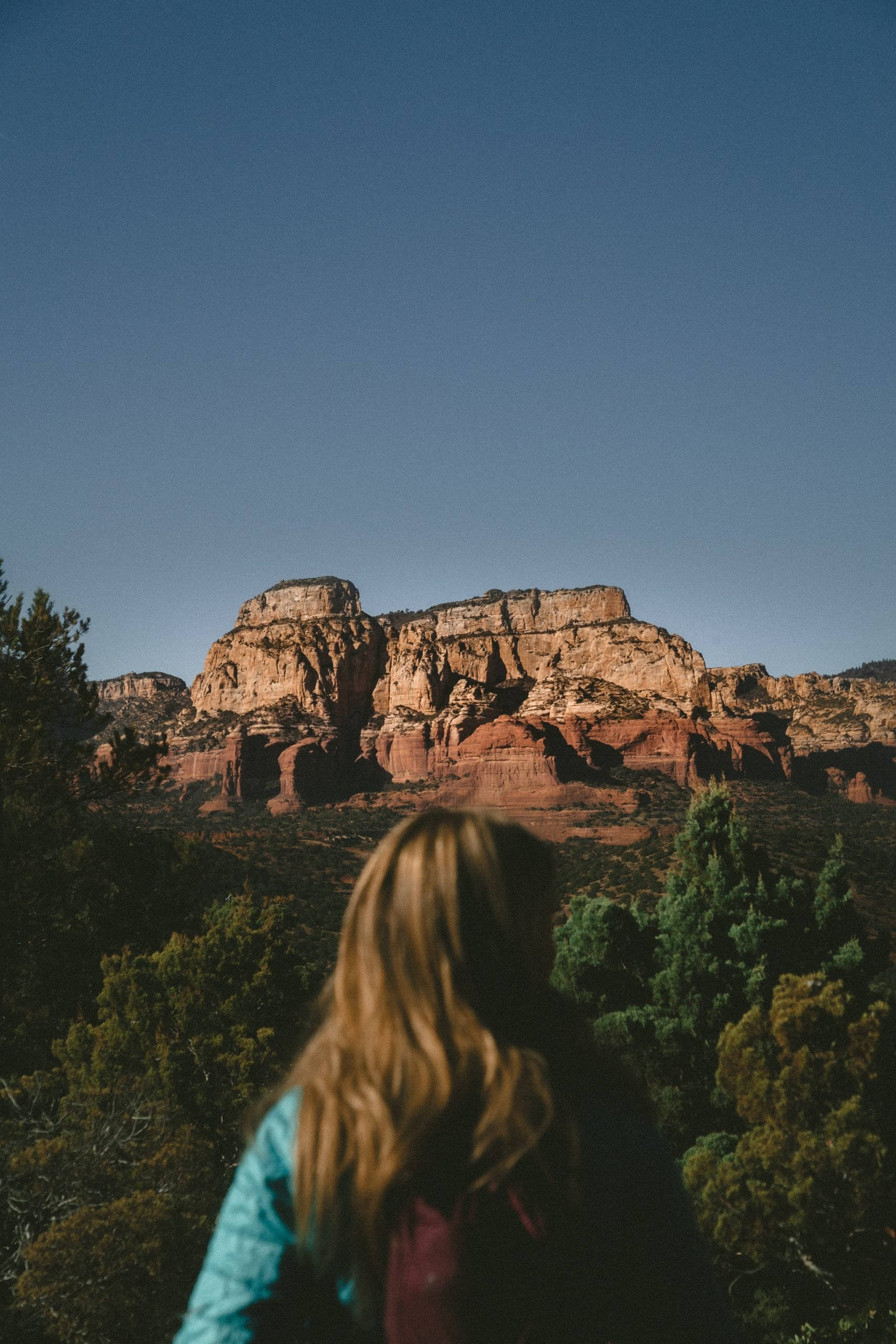 teenage aesthetic, red rock formations, clear blue sky, 2K Phone Wallpaper