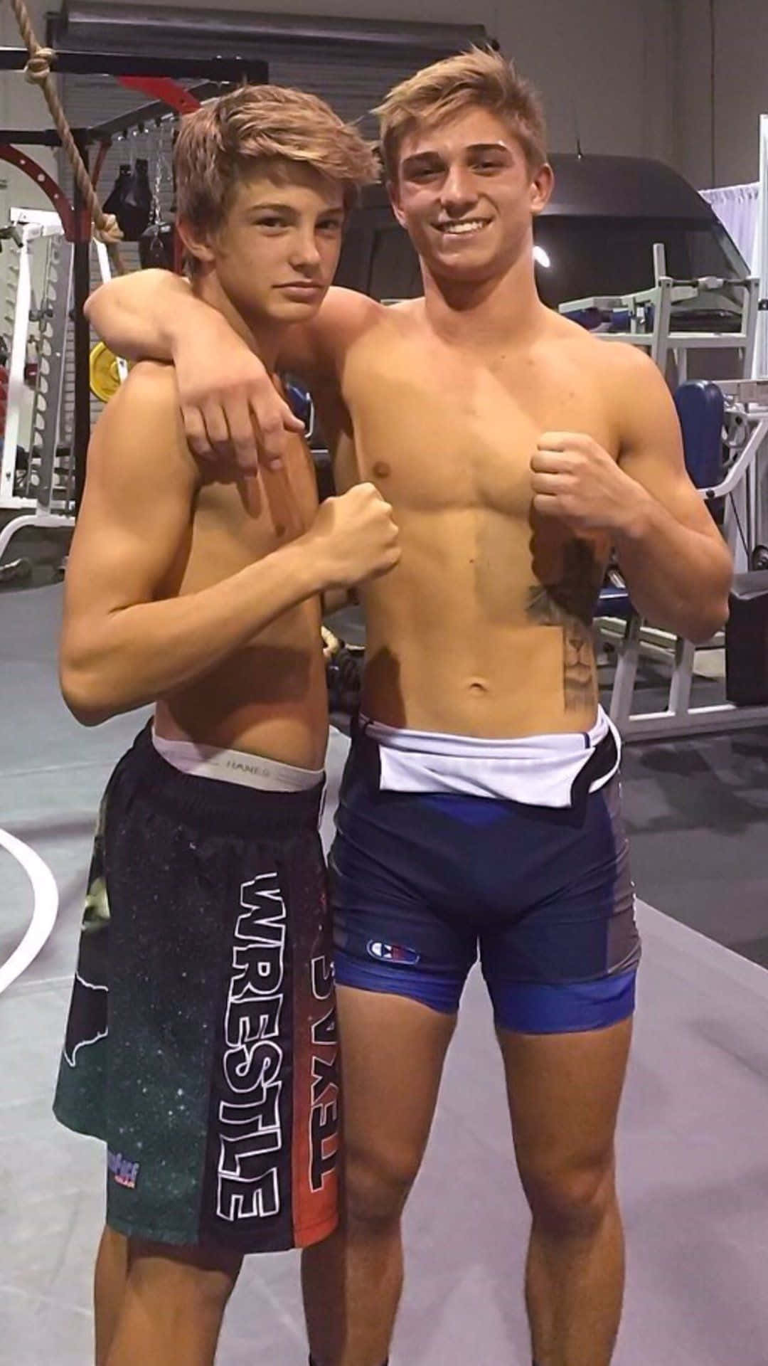 teenage wrestlers, gym, fists raised, Full HD Phone Wallpaper
