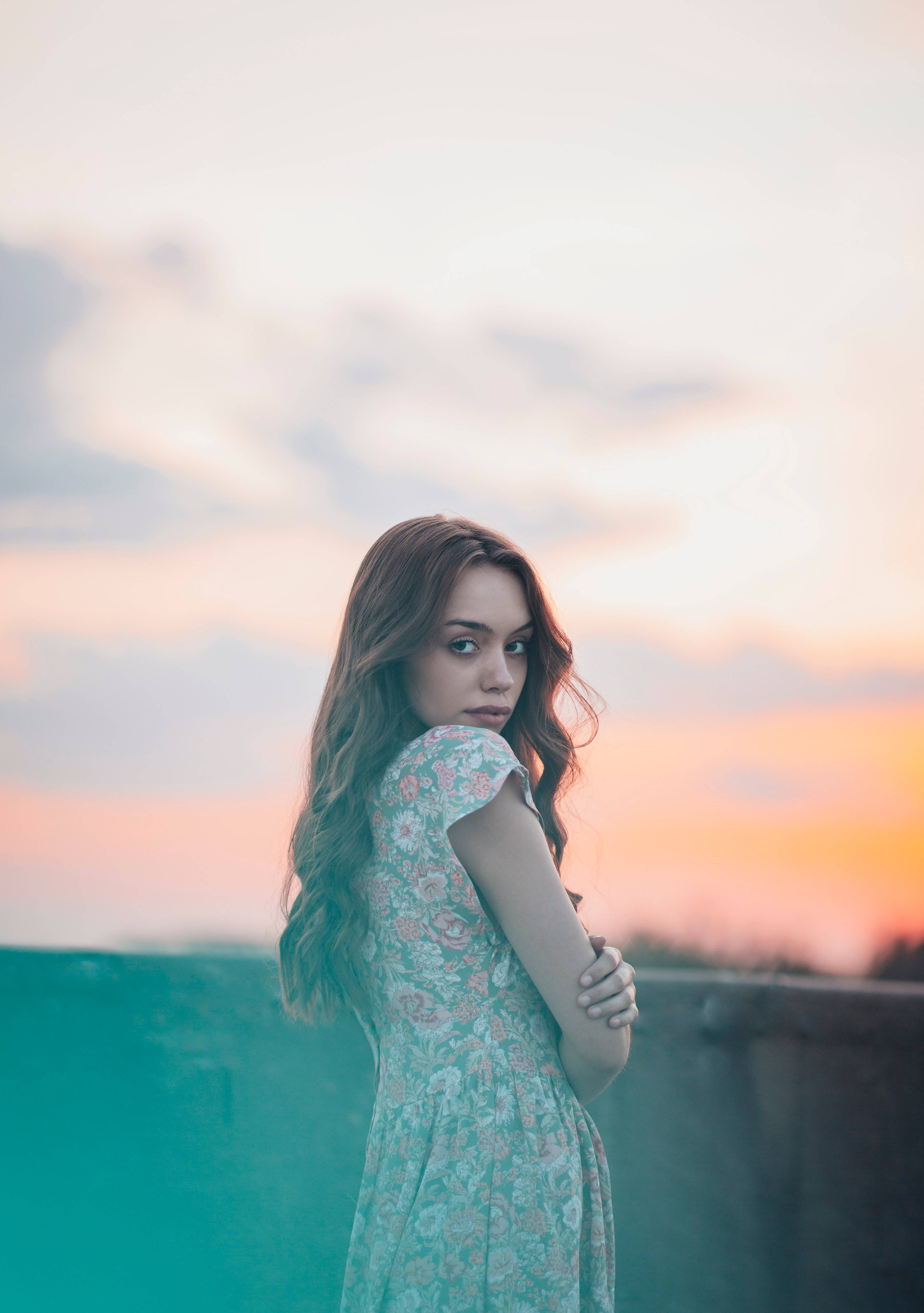 floral dress, young woman, sunset sky, 4K Phone Wallpaper