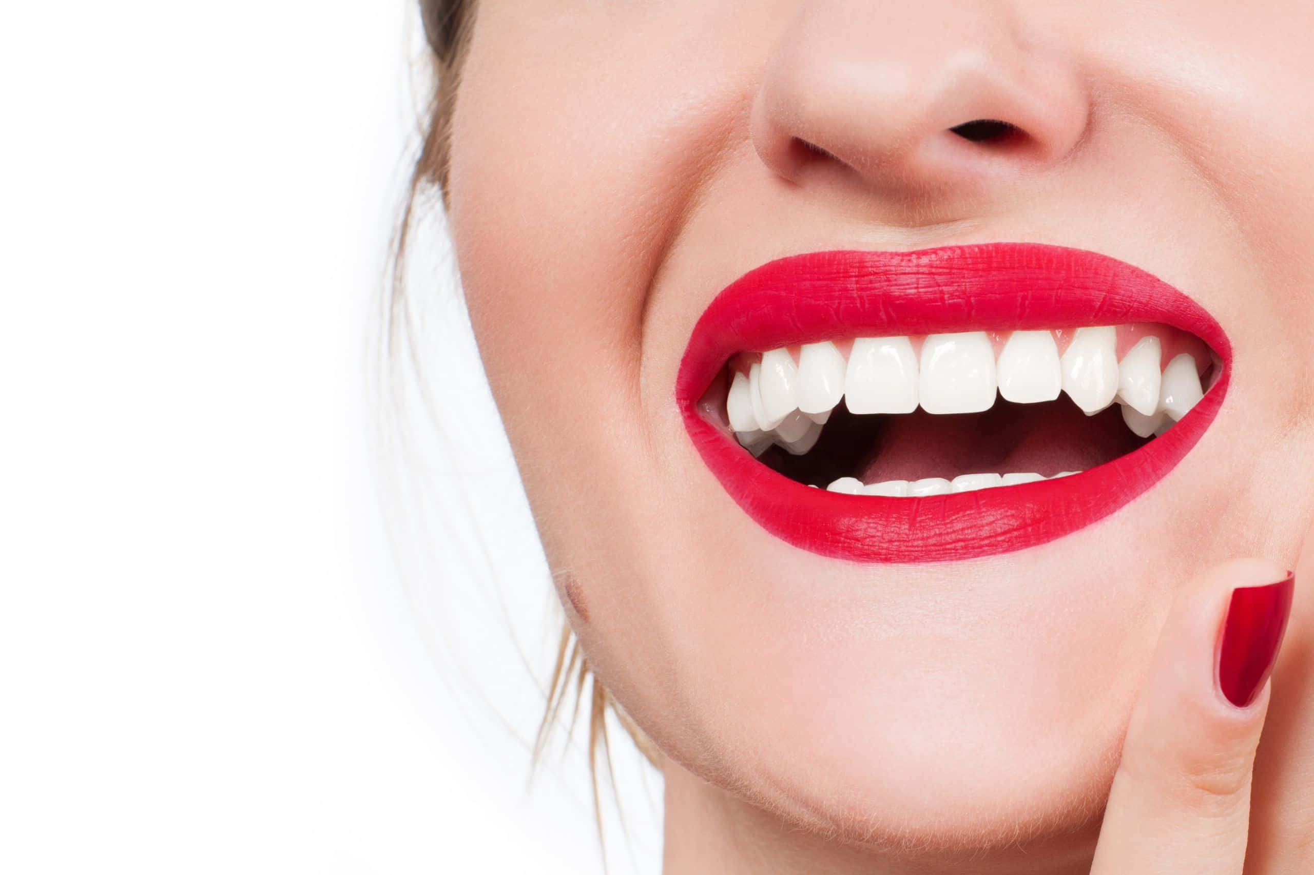 teeth whitening, bright red lips, perfect white teeth, 2K Desktop Wallpaper