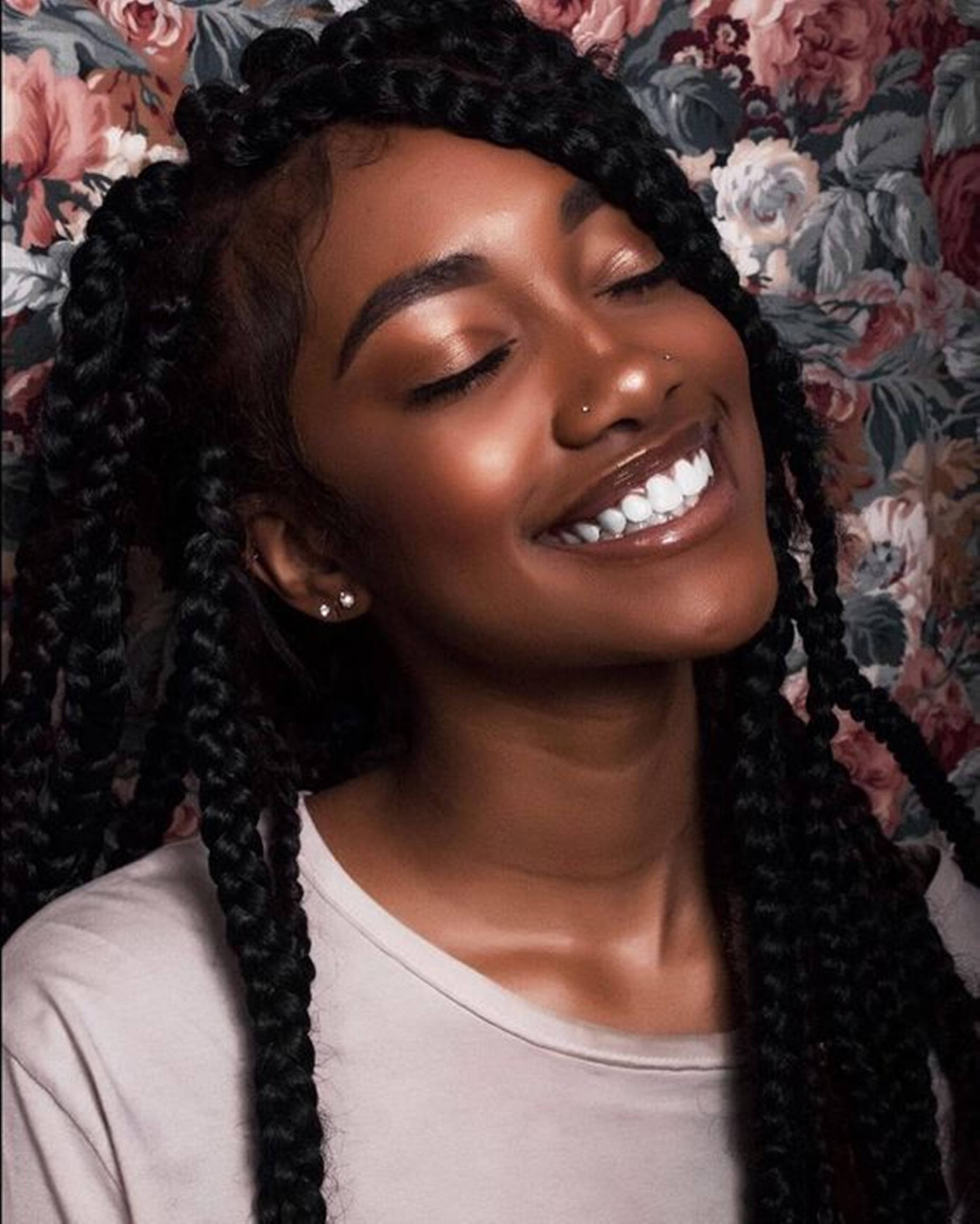 beautiful black woman, white teeth, long black braids, Full HD Phone Wallpaper